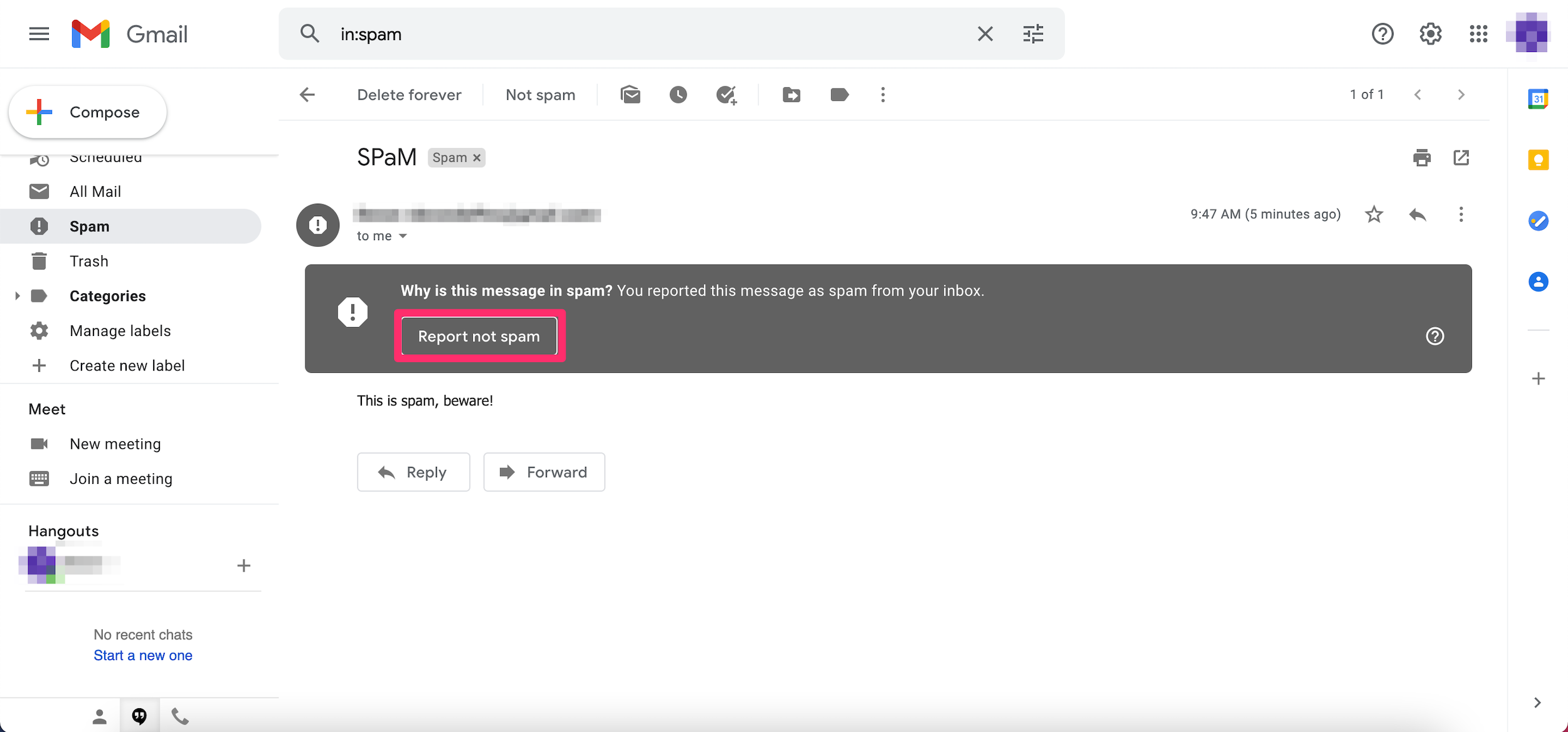 Screenshot of the option to report an email as not spam on the desktop version of Gmail
