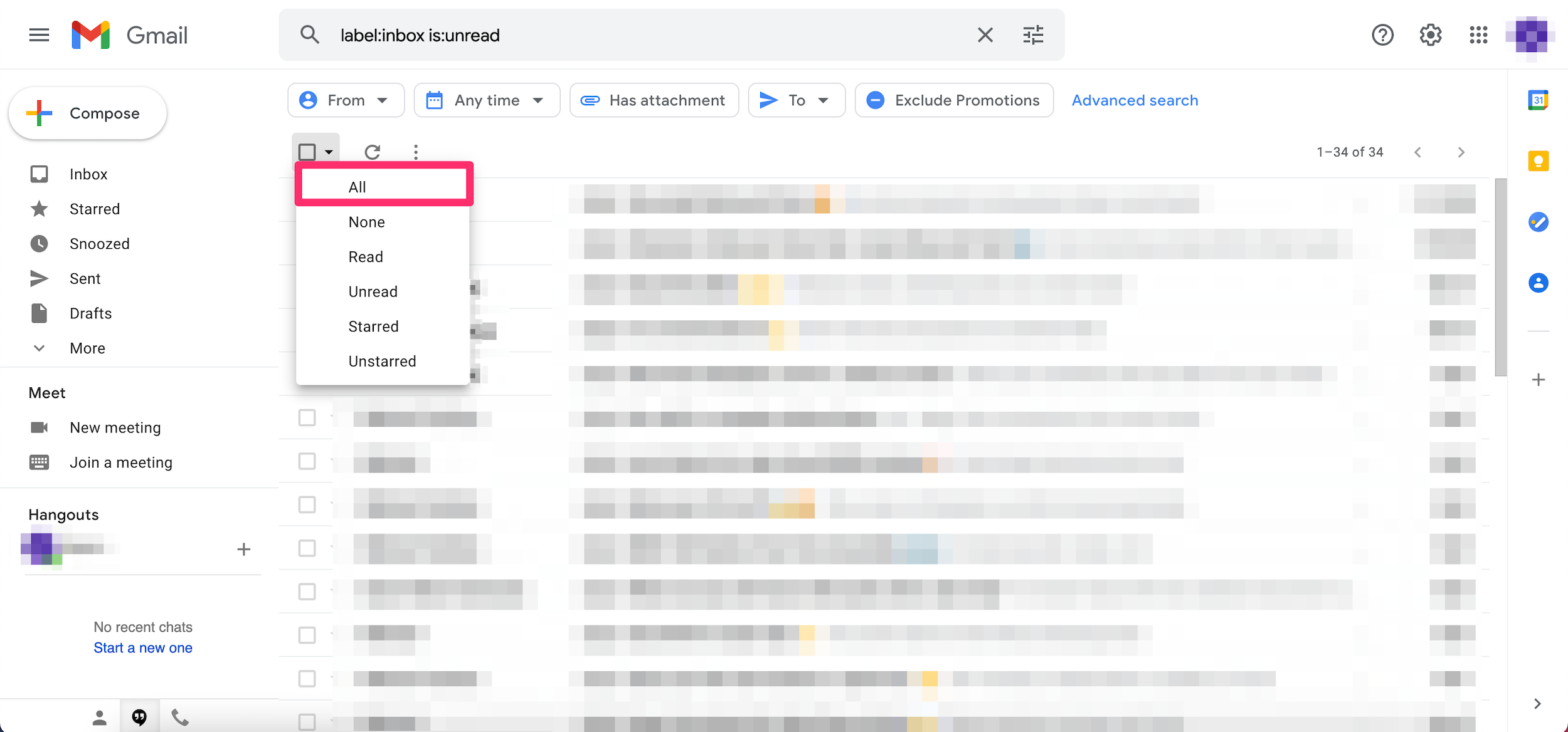 Screenshot of the Select dropdown menu in Gmail