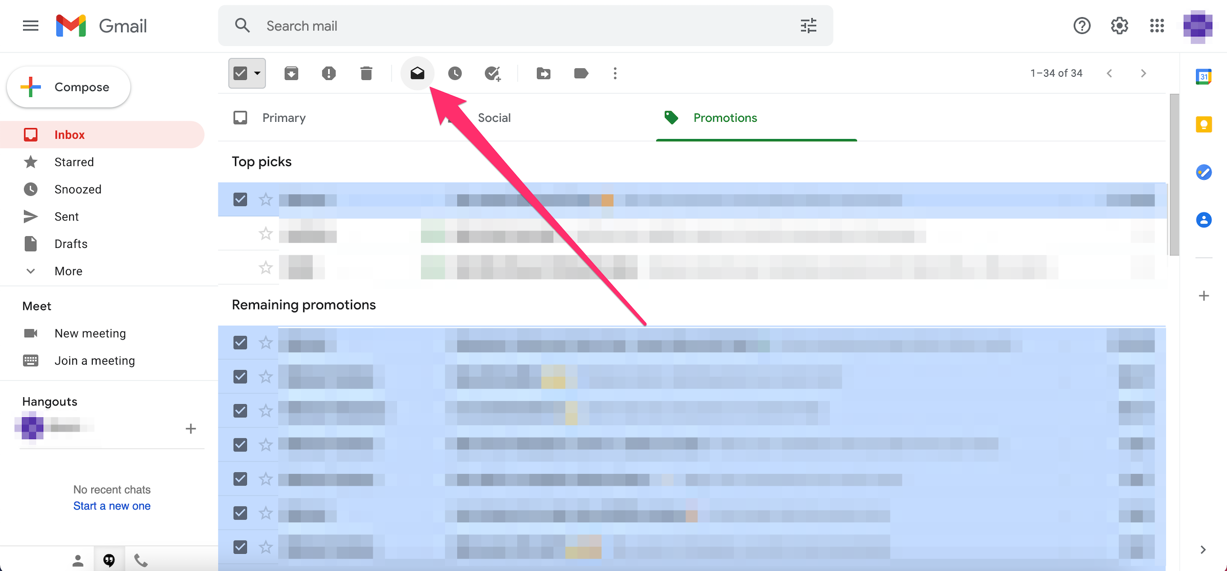 Screenshot highlighting the Mark as read icon in the top menu in Gmail