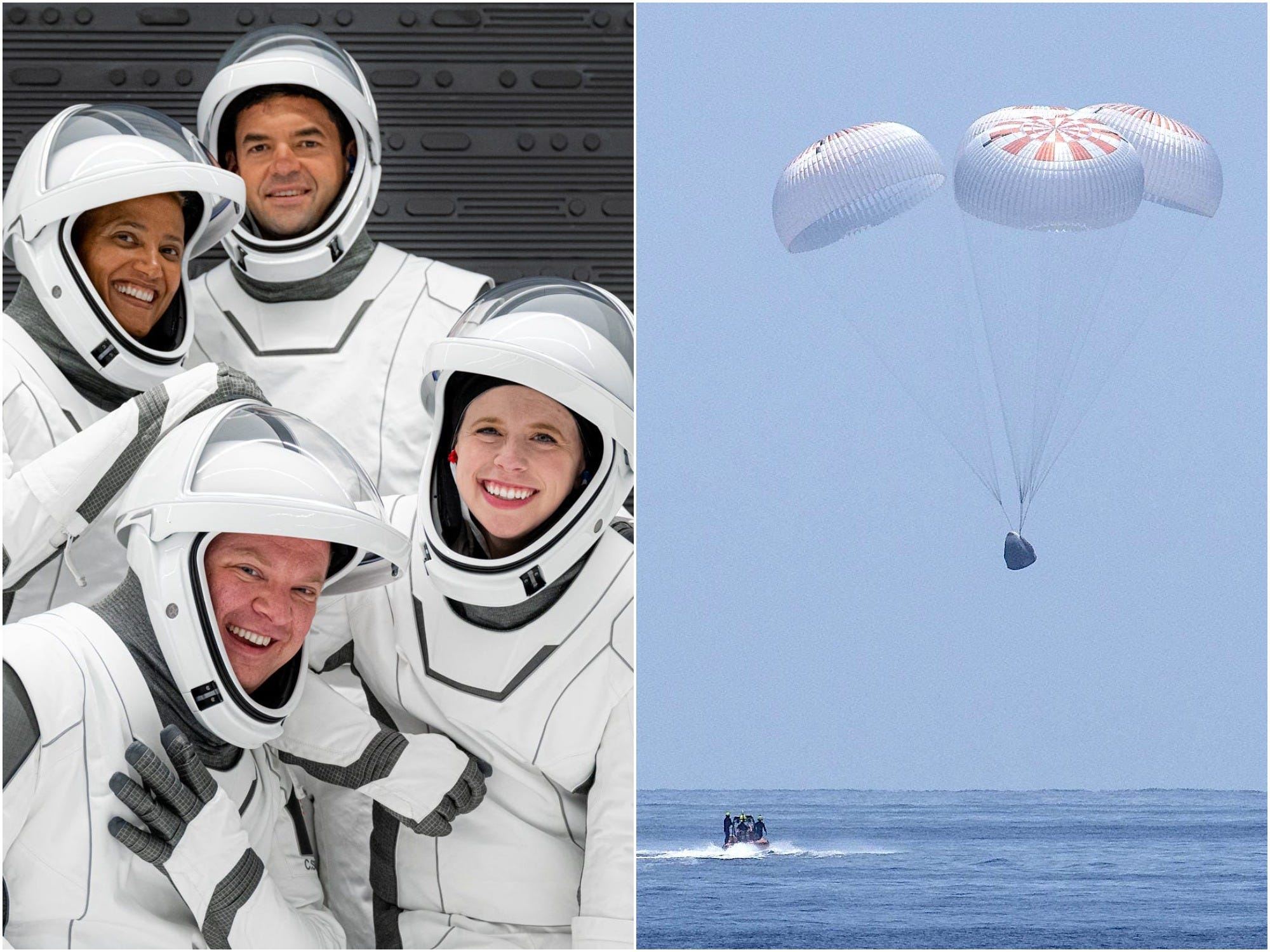 inspiration4 crew members in spacesuits side by side with image of parachutes lowering crew dragon spaceship into ocean splashdown