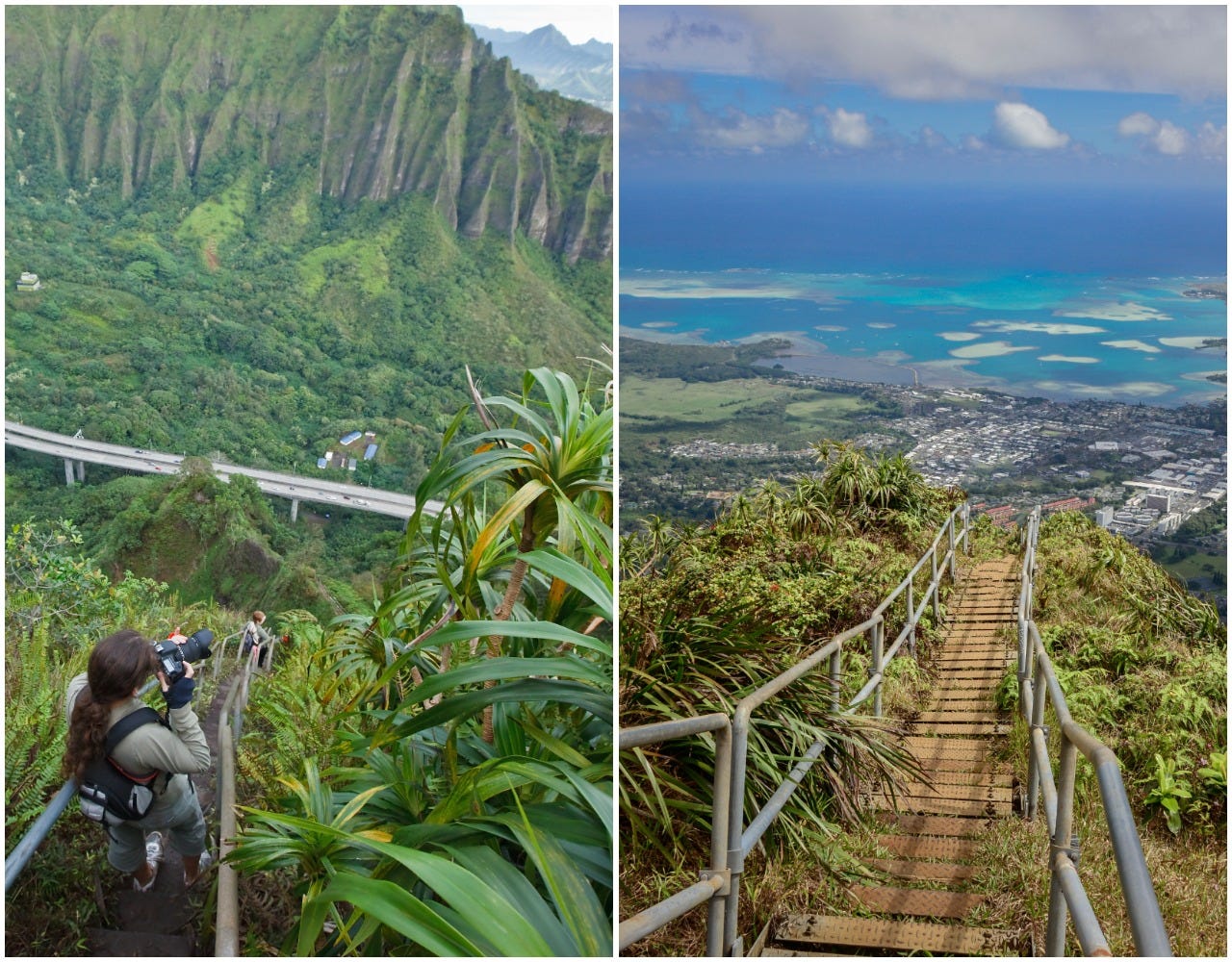 An image of a hiker taking a photo while walking the Haiku Stairs (left) and an image of the view from the top of the stairs (right).