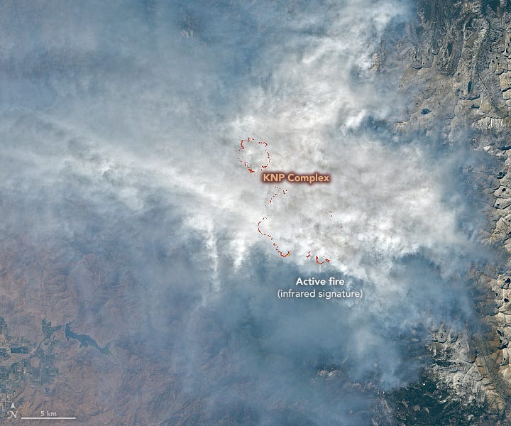 A satellite image of the KNP Complex fire in California