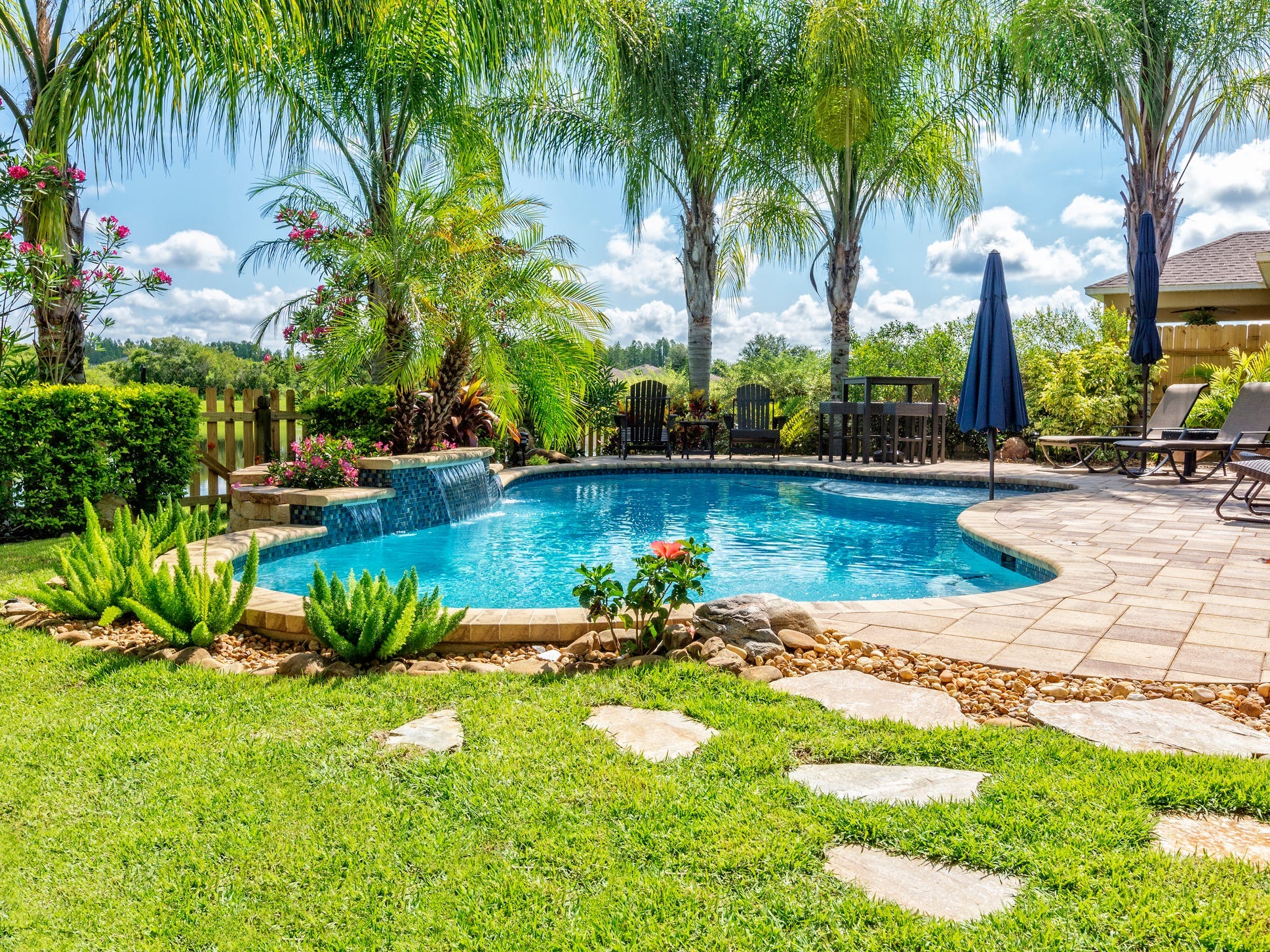 A backyard with a swimming pool, lush green lawn, and palm trees