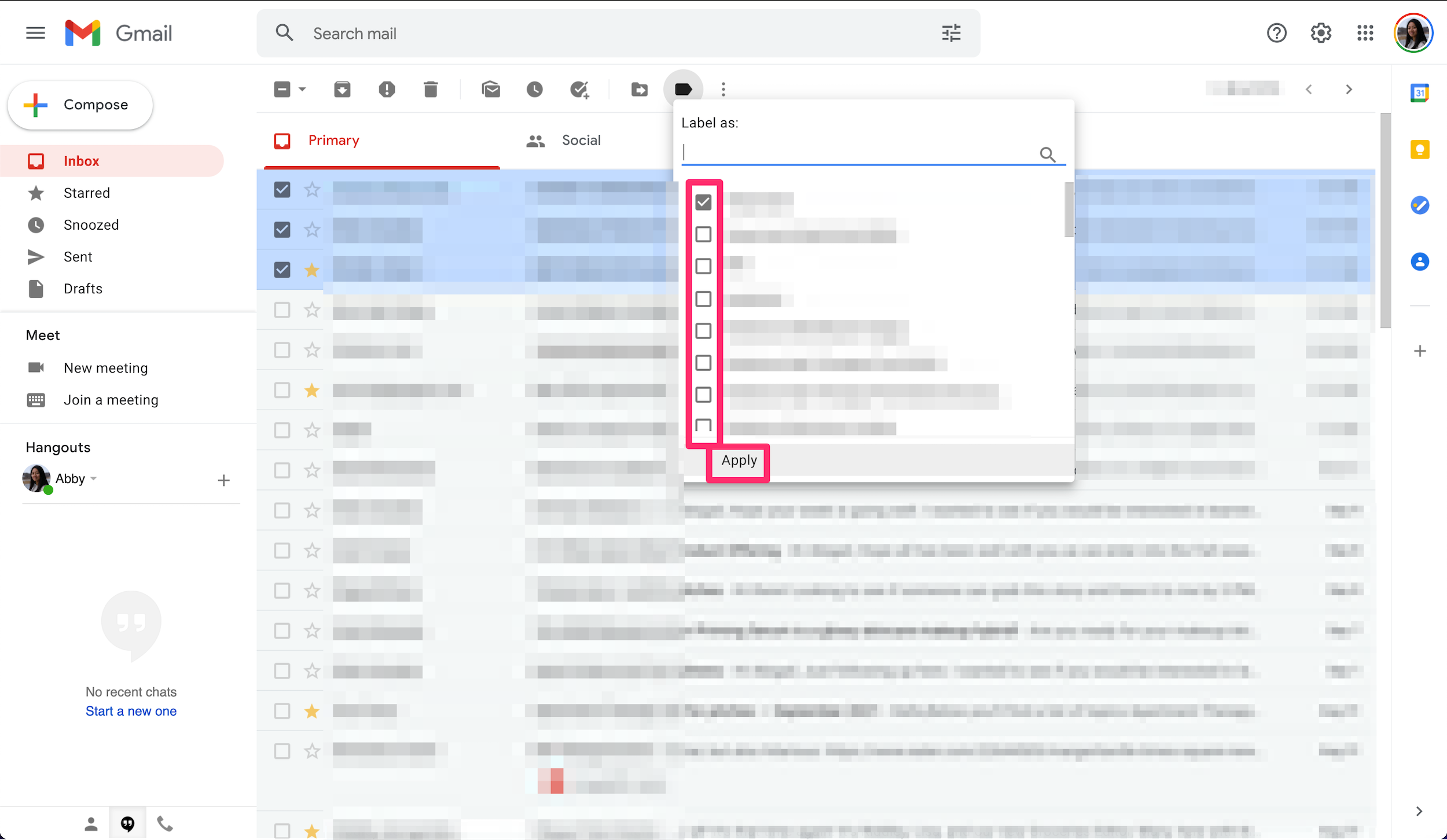 Desktop screenshot of a Gmail inbox with the Label as menu highlighted