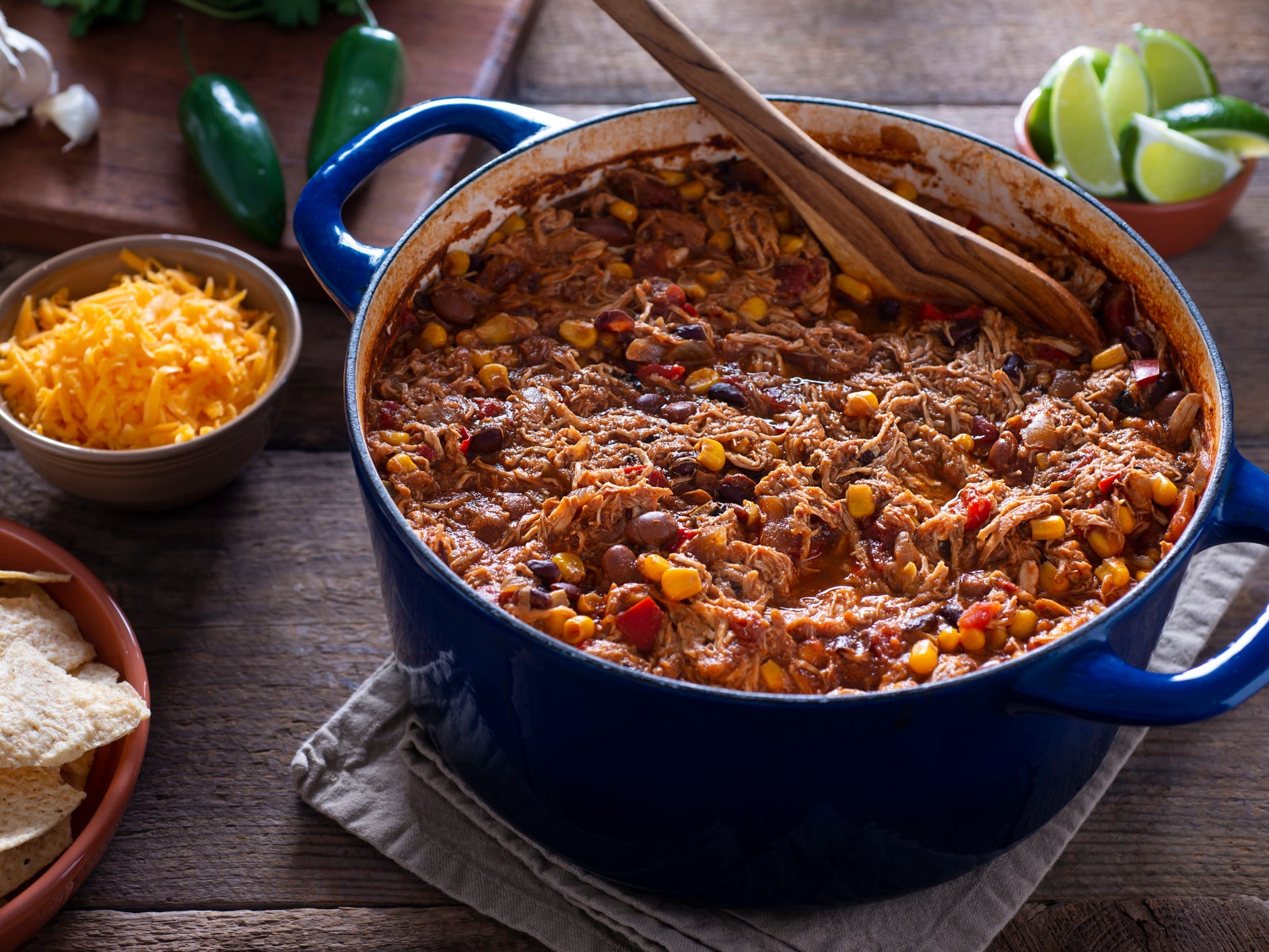 A dutch oven full of chili