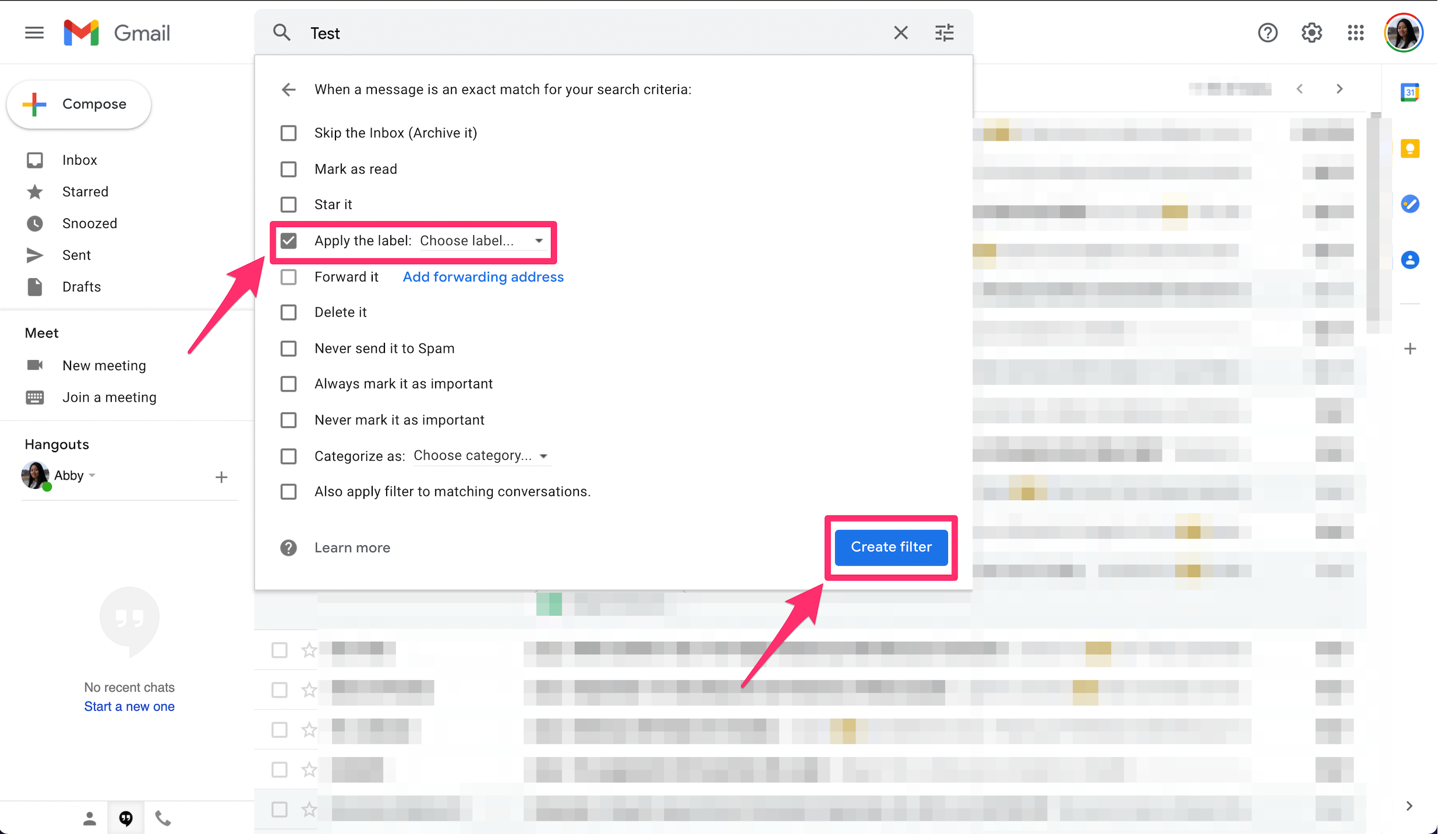 Screenshot of "Apply label" screen in Gmail on desktop