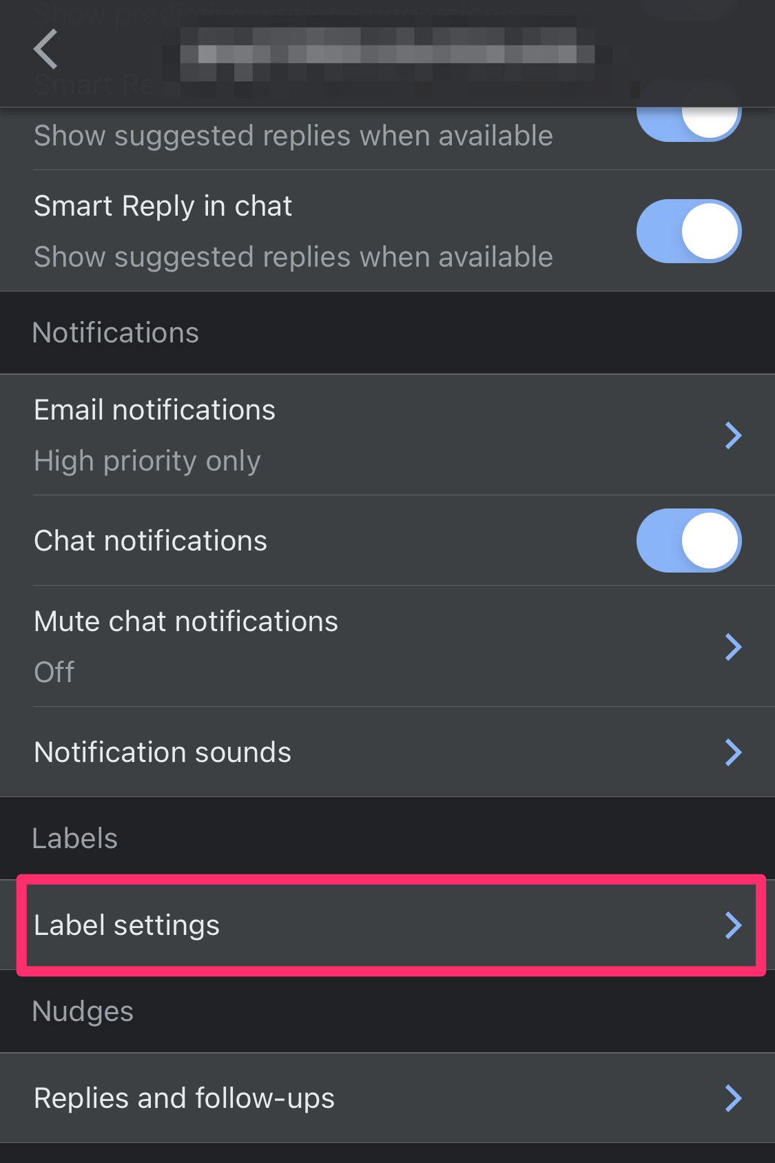 Screenshot of Settings page in Gmail app