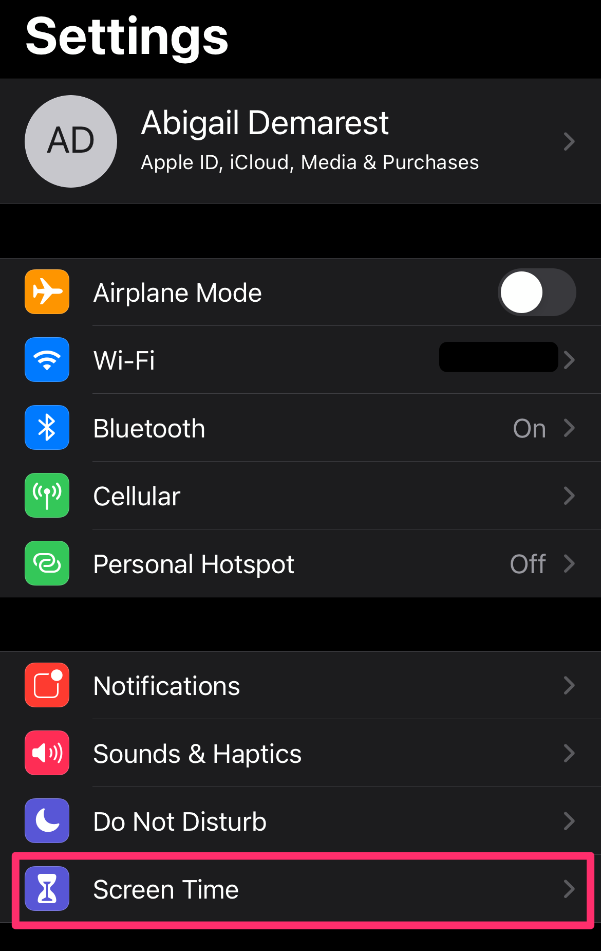 Screenshot of the Screen Time page in the Settings app