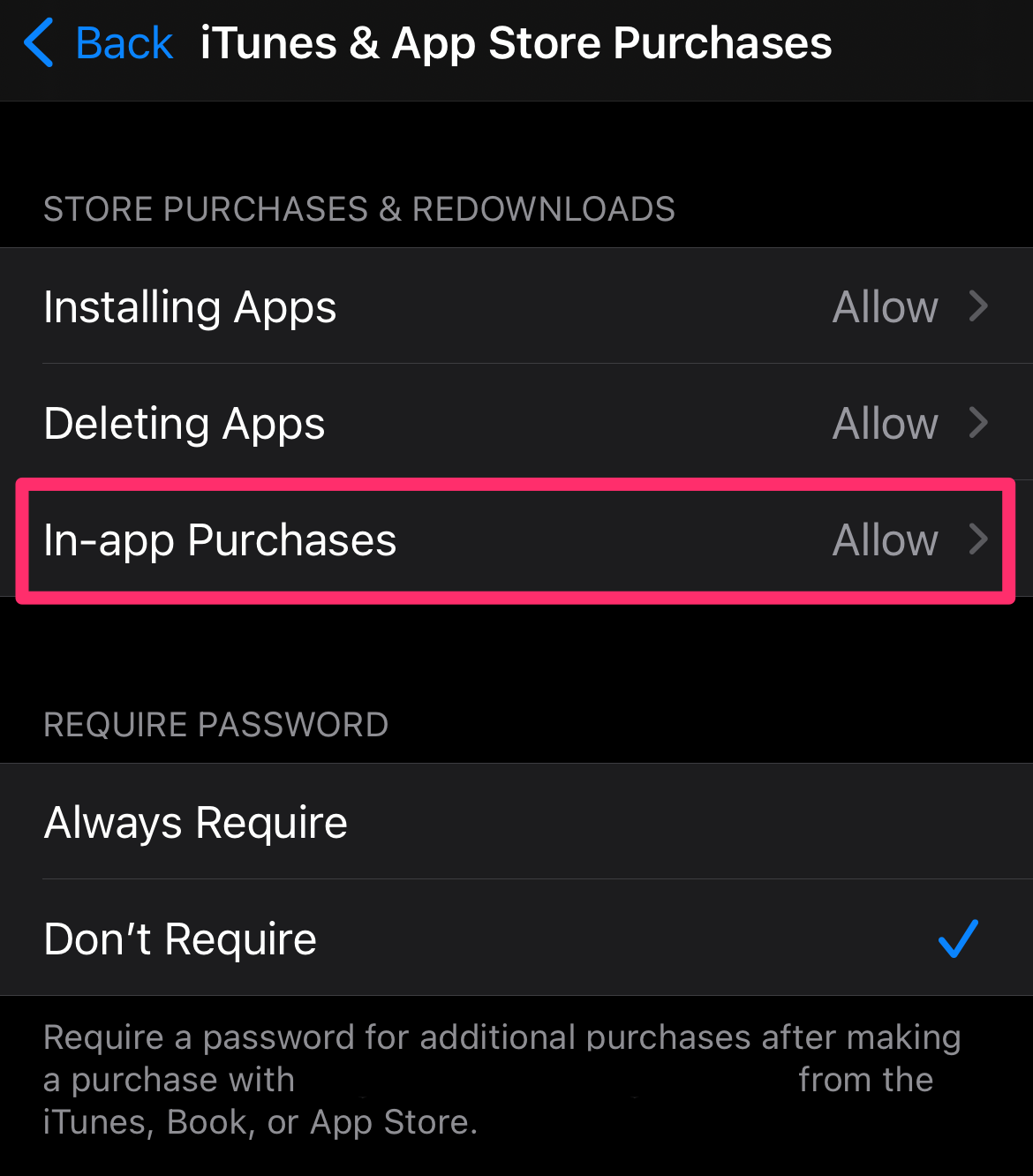 Screenshot of the iTunes & App Store Purchases page in the Settings app