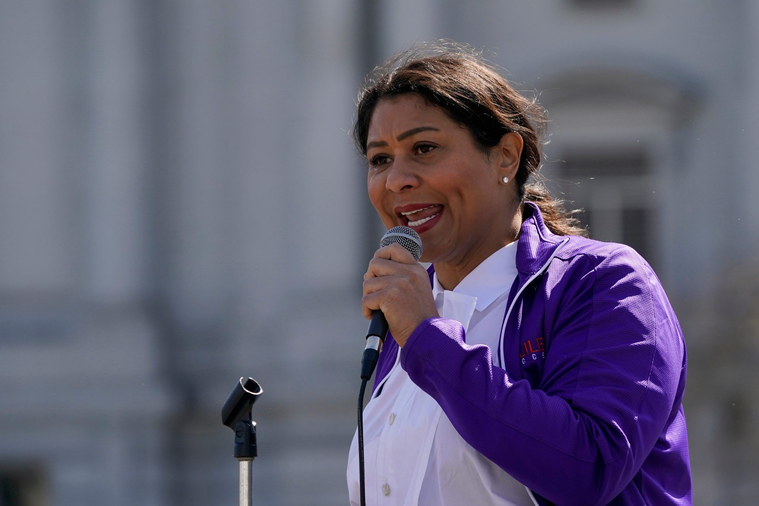 Mayor London Breed speaks at a rally in San Francisco in this March 13, 2021 file photo. (AP Photo/Jeff Chiu, File)