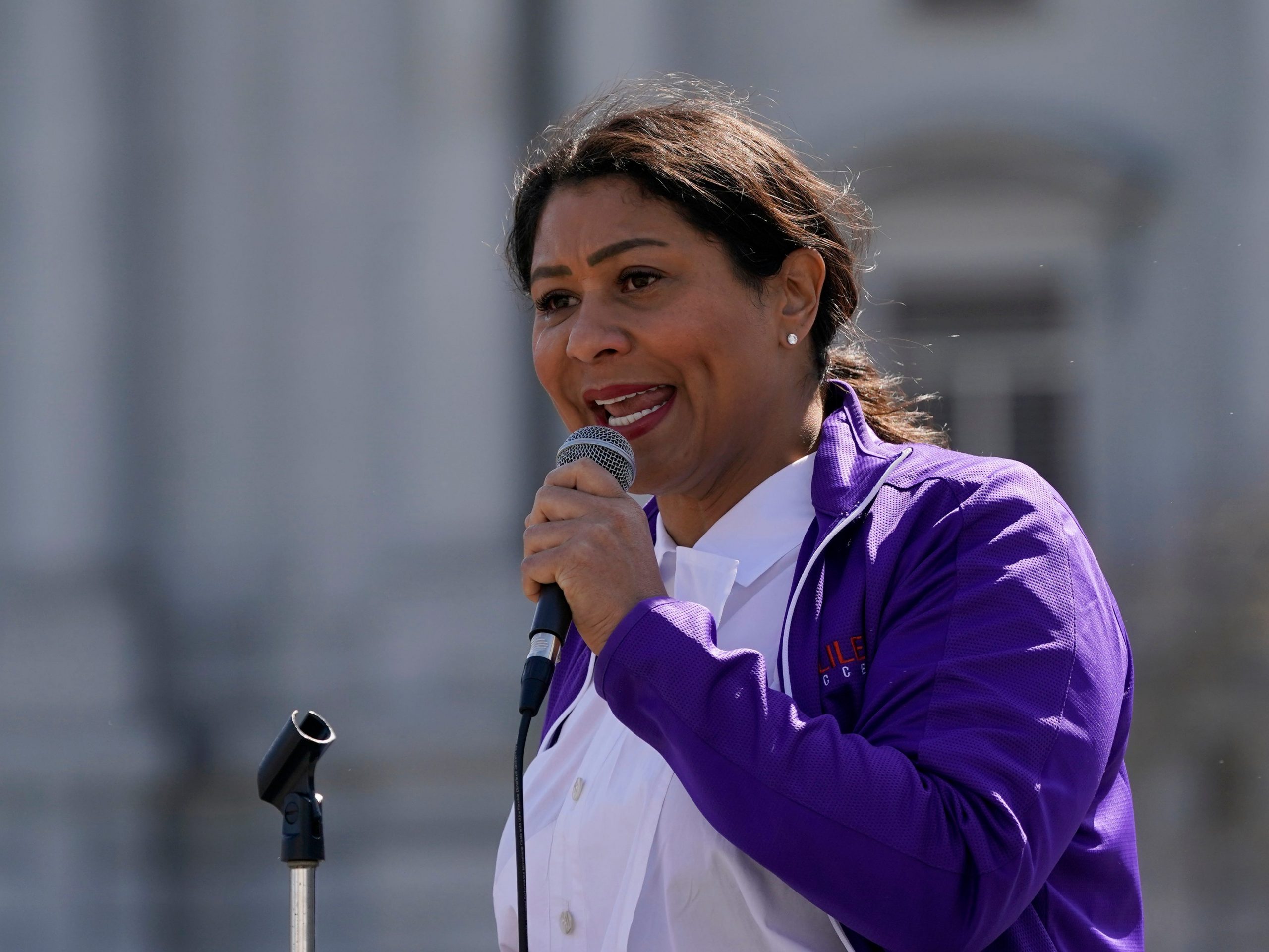 Mayor London Breed speaks at a rally in San Francisco in this March 13, 2021 file photo. (AP Photo/Jeff Chiu, File)