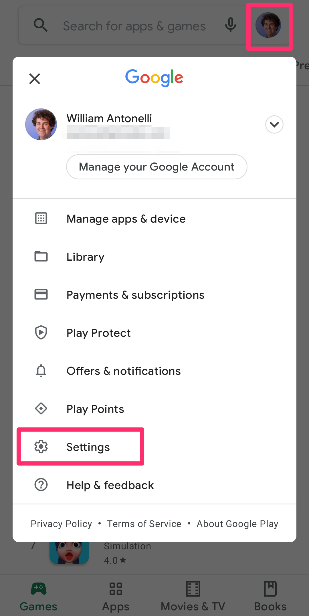 Screenshot of Settings option in Google Play Store on Android