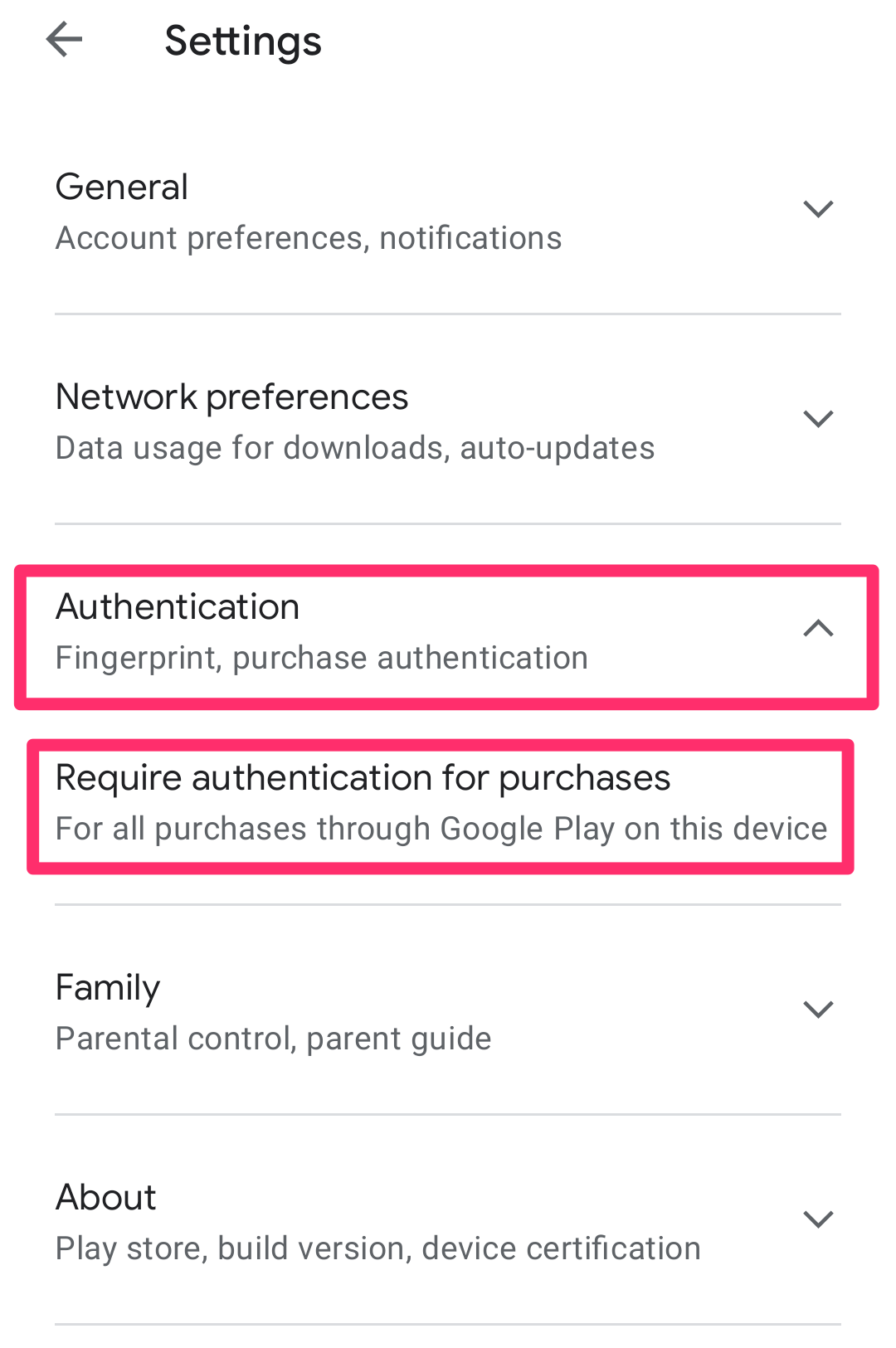 Screenshot of Settings page in Google Play Store on Android