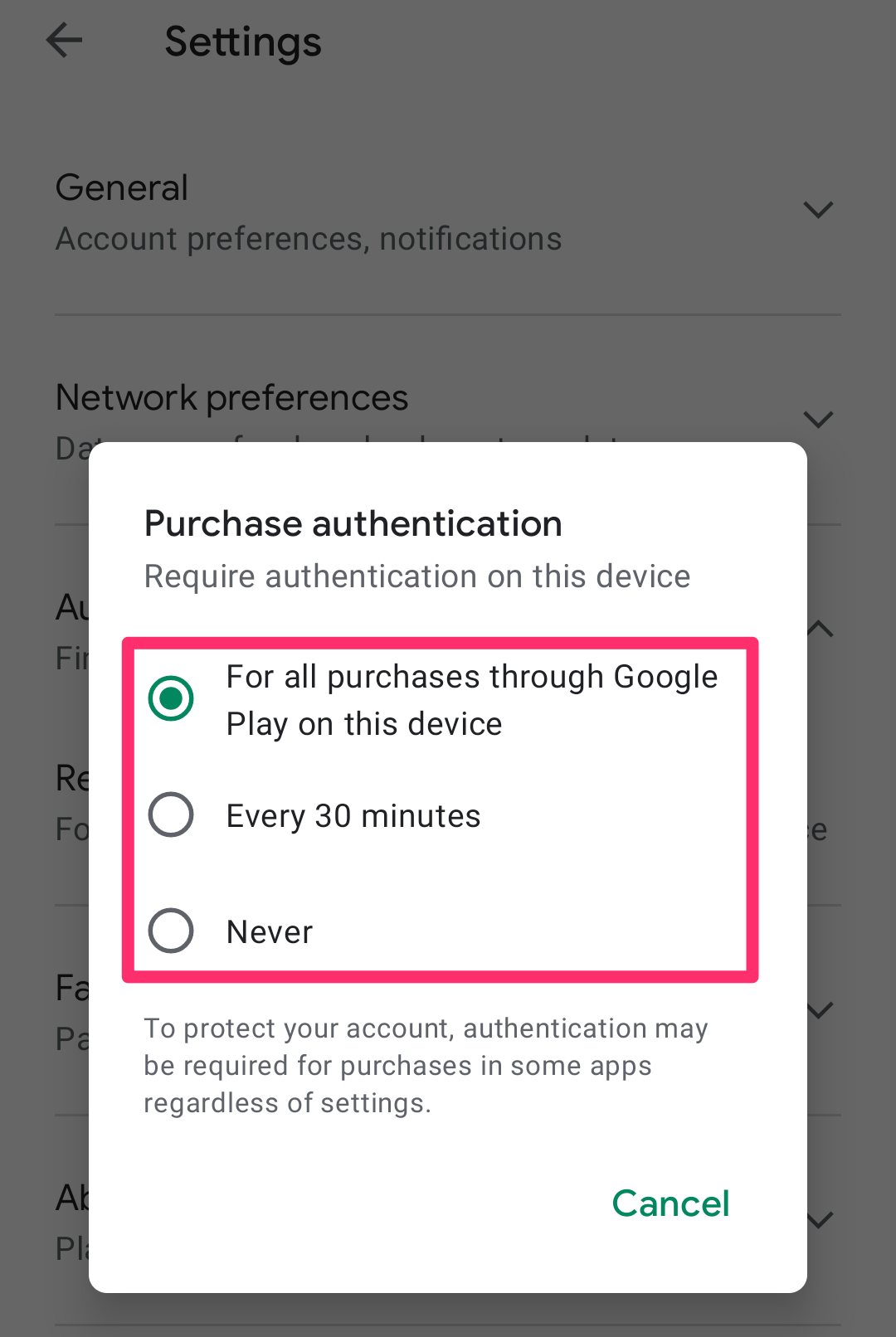 Screenshot of Purchase authentication pop-up menu