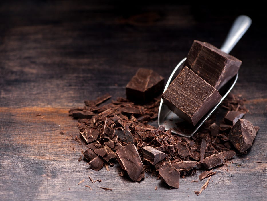 Dark chocolate against a wood background.