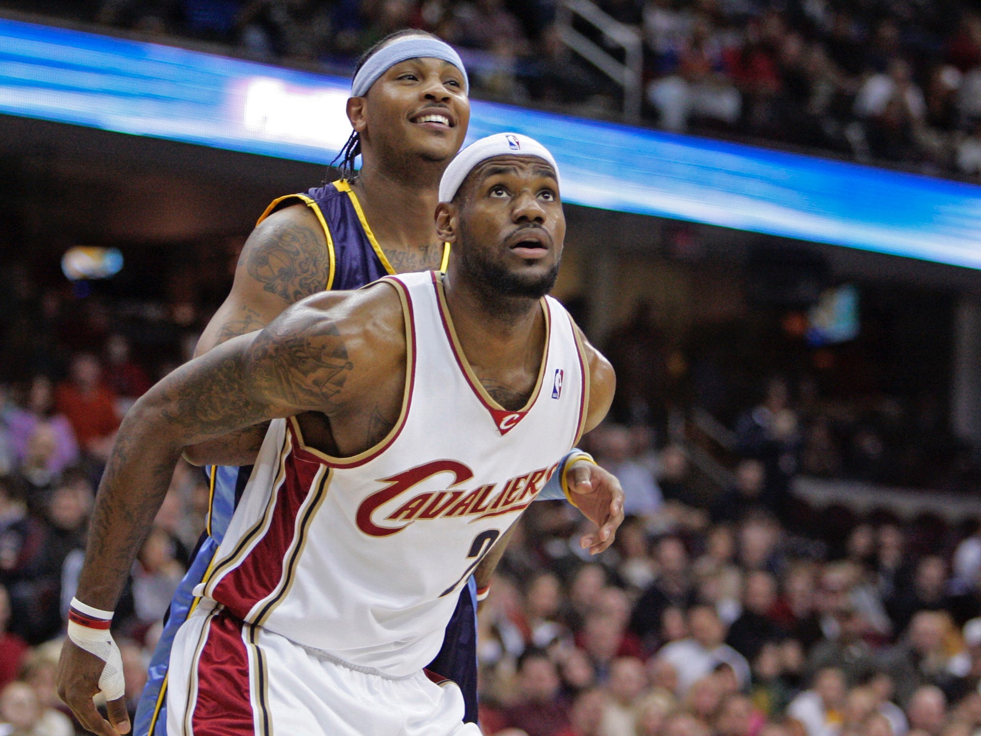 LeBron James boxes out Carmelo Anthony during a 2008 game.