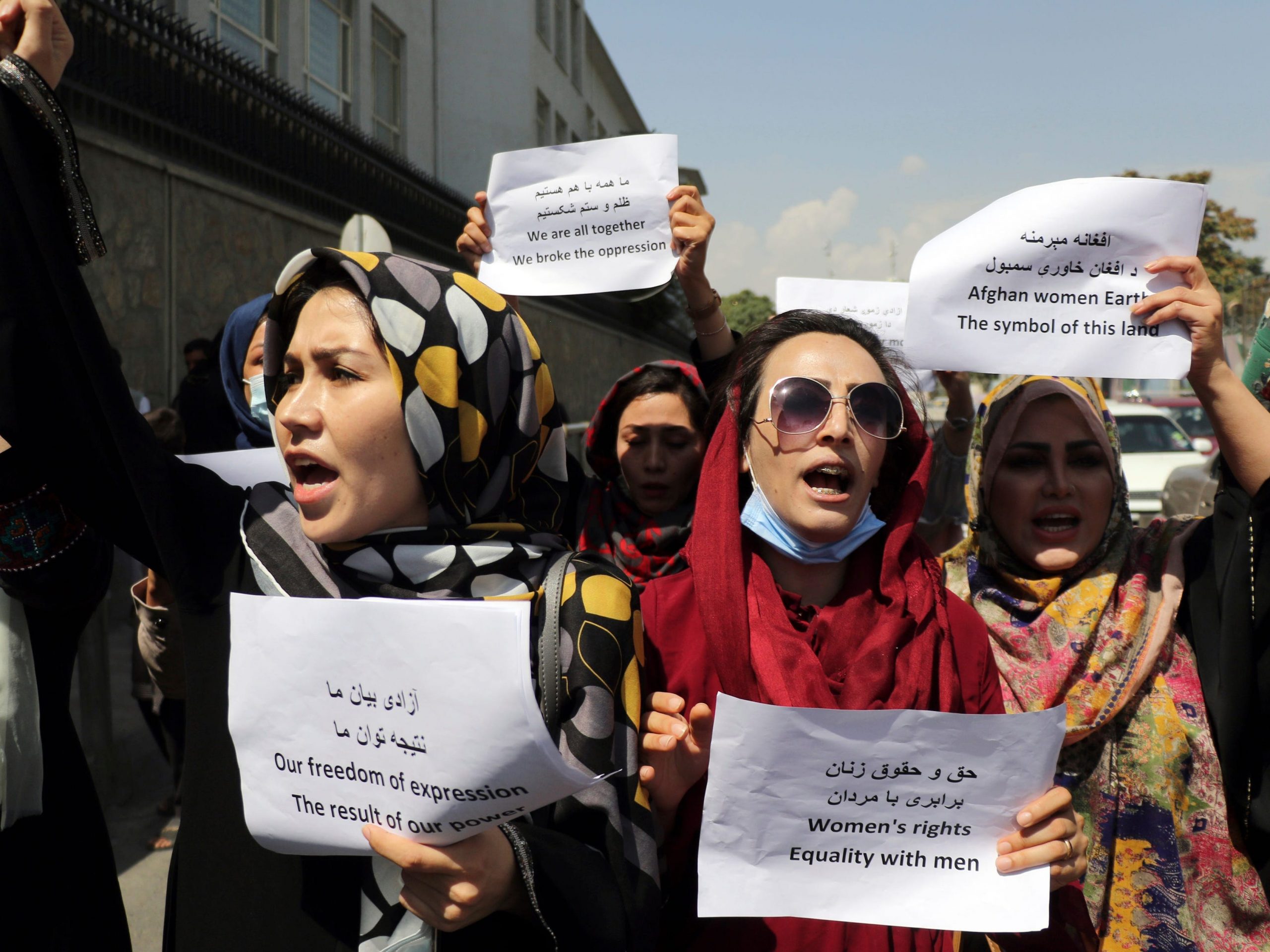 Women gather to demand their rights under the Taliban rule during a protest in Kabul, Afghanistan, Friday, Sept. 3, 2021.