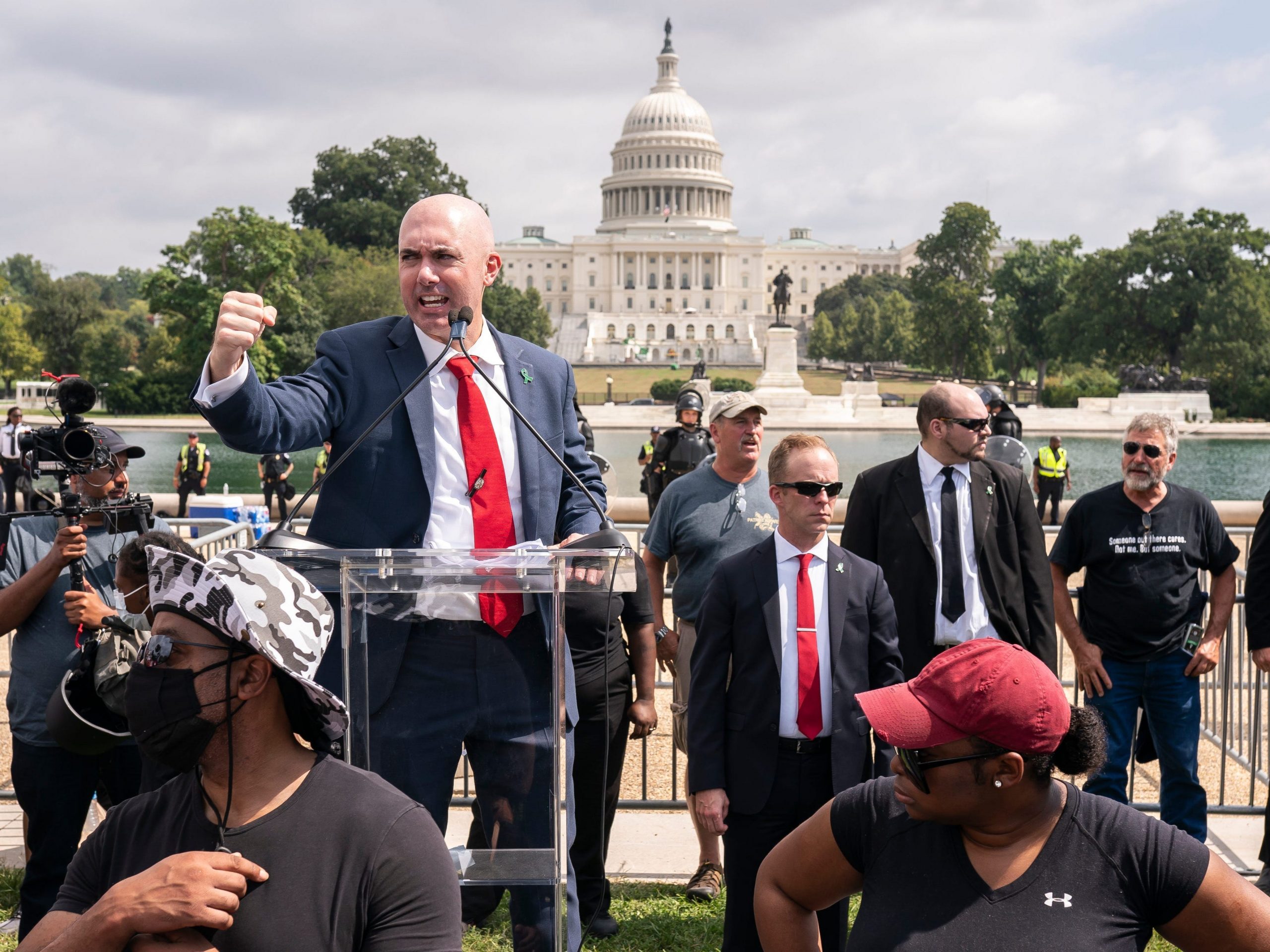 Matt Braynard, organizer of the Justice For J6 rally, speaks near the U.S. Capitol in Washington, Saturday, Sept. 18, 2021.