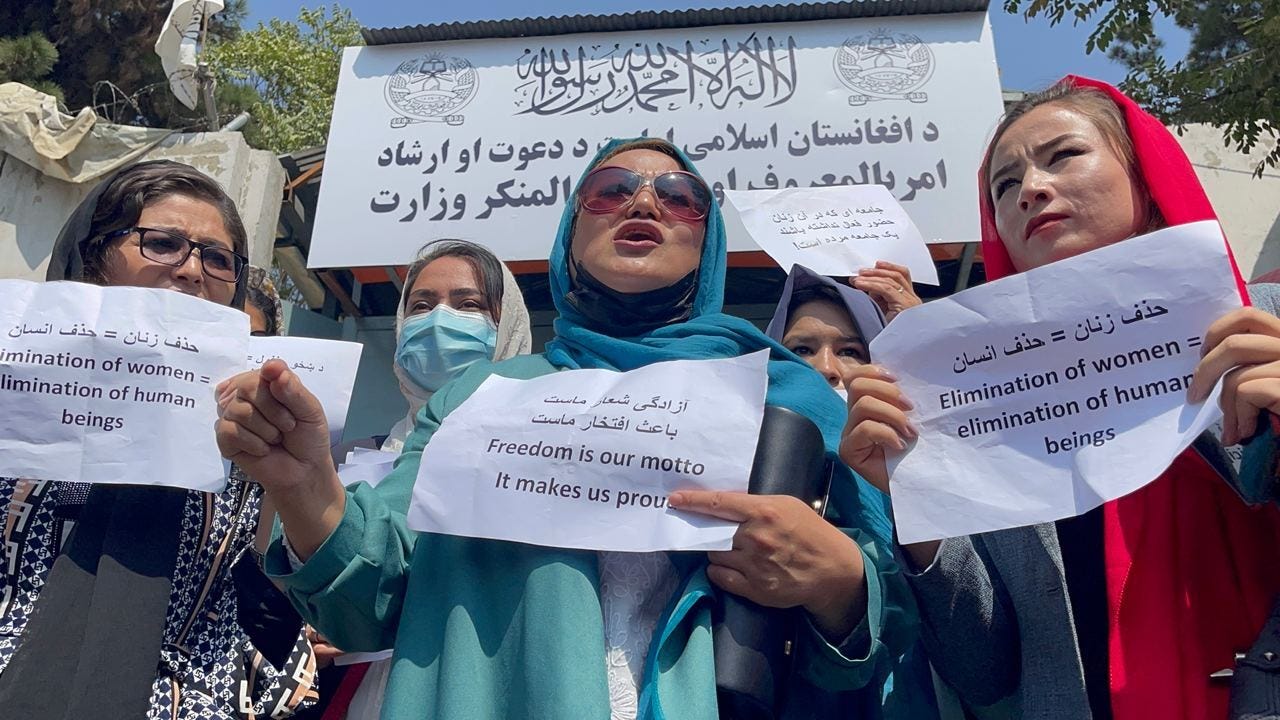 Afghan women protested outside the former ministry of women affairs which has been replaced by the ministry of virtue and vice in Kabul, Afghanistan-September 19, 2021.