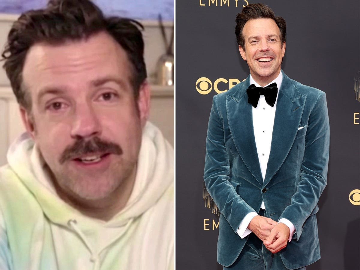 A side-by-side of Jason Sudeikis at the Golden Globes and Emmys.