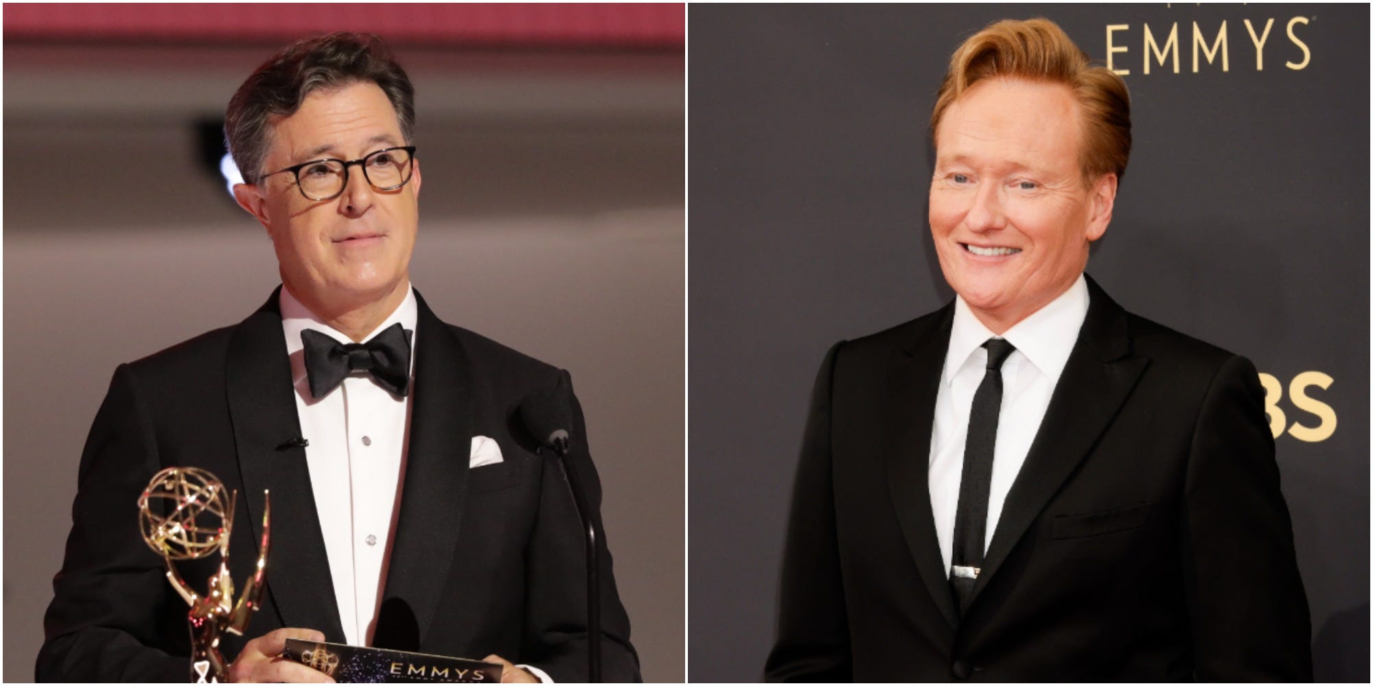 Stephen Colbert, left, and Conan O'Brien, right, at the 2021 Emmy Awards.