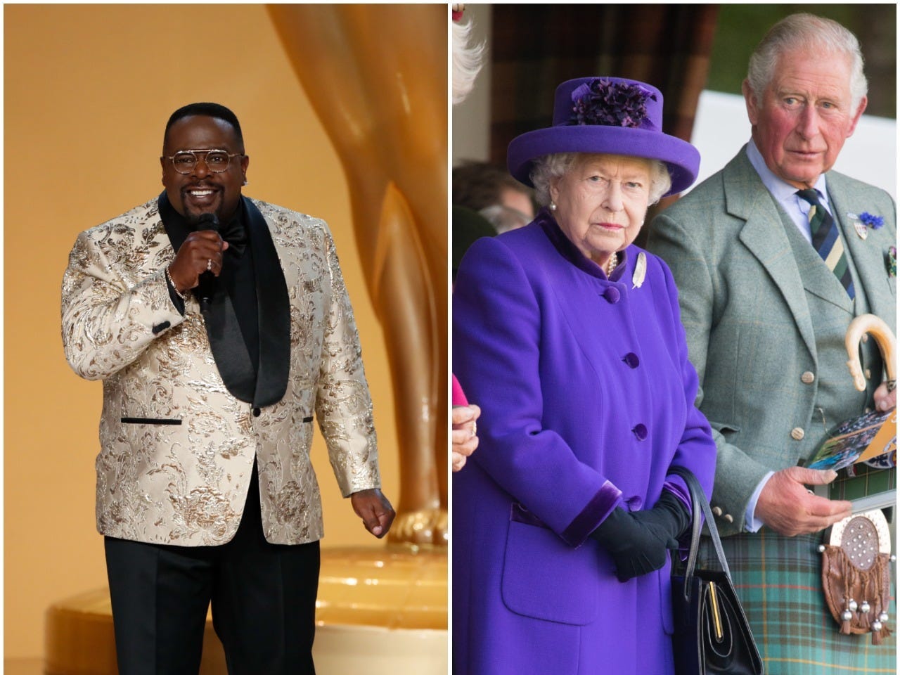Cedric the Entertainer at the 2021 Emmys (left) side by side a photo of the Queen and Prince Charles attending the 2019 Braemar Highland Games.