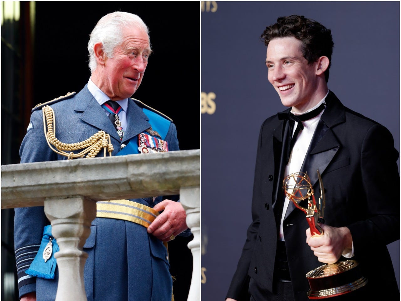Prince Charles pictured left and Josh O'Connor, who plays him in "The Crown" pictured right.