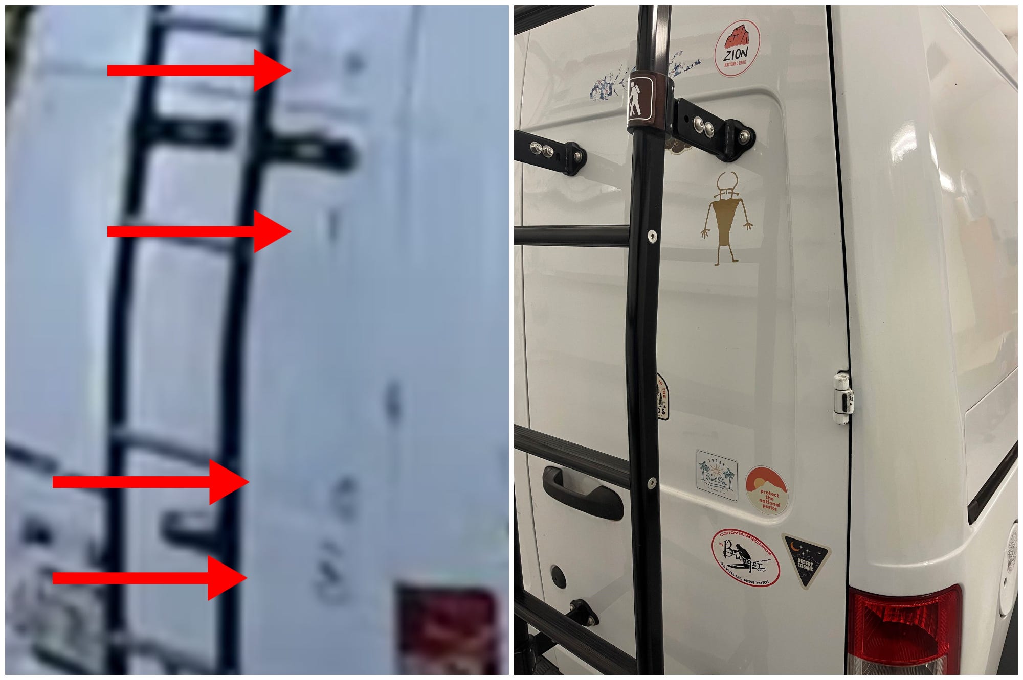 A side-by-side comparison of the rear of the white van in the Bethunes' footage and Petito's van image released by the FBI. Arrows point to locations where stickers in the Bethune footage match those on Petito's van.