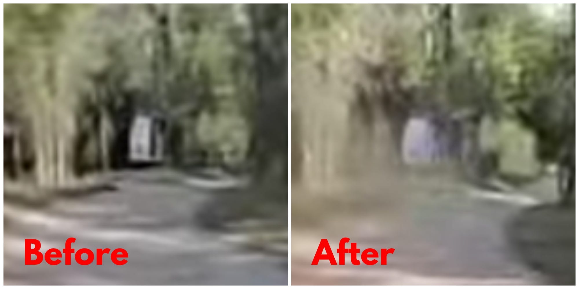 Before-and-after, zoomed-in stills, seconds apart, from Red, White & Bethune's footage that appear to show the rear van door closing.