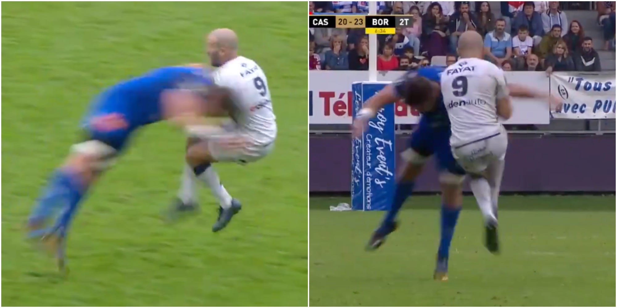Castres Olympique lock Ryno Pieterse tackles Bordeaux scrum-half Maxime Lucu