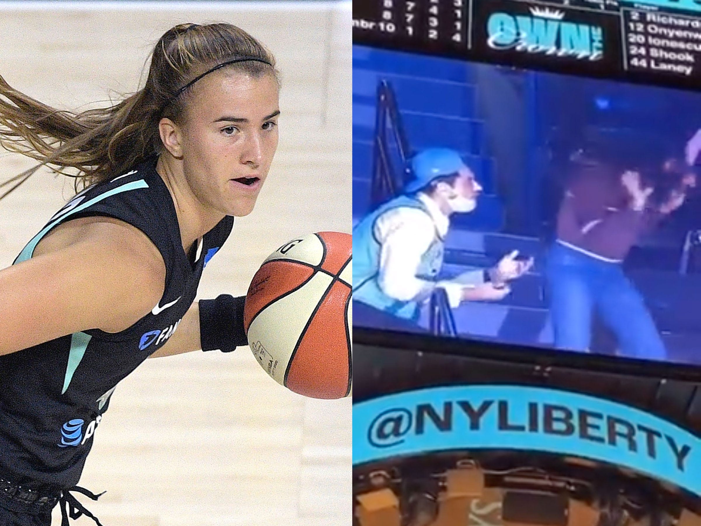 A fan wearing Sabrina Ionescu's New York Liberty jersey is seemingly rejected while proposing on the Jumbotron at the Barclays Center.