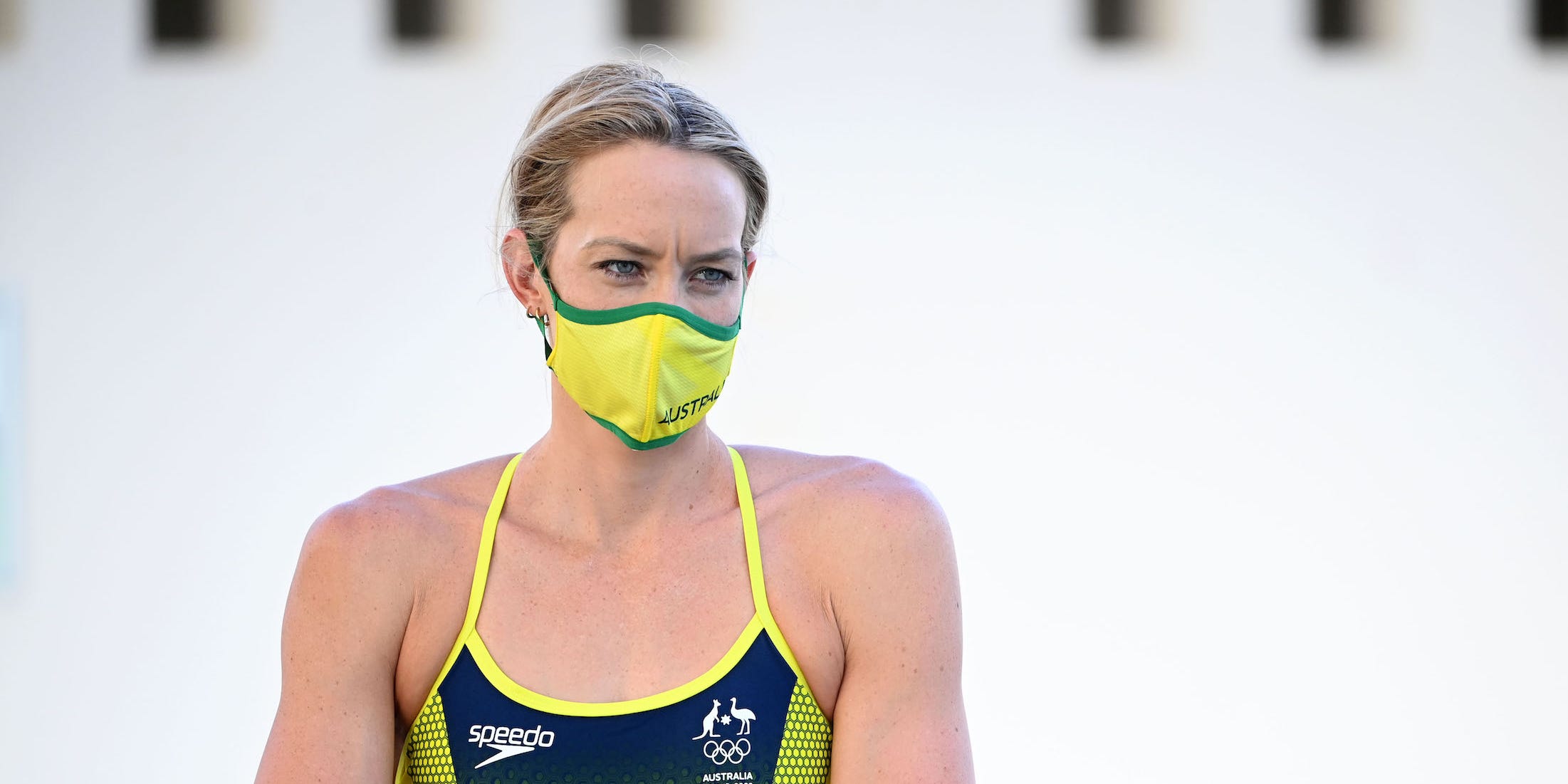 Madi Wilson looks on during a Covid Mask Familiarisation Rehearsal Day as part of the Australian Dolphins Swimming Team Camp ahead of the Tokyo 2020 Olympic Games Tobruk Pool on July 13, 2021, in Cairns, Australia.