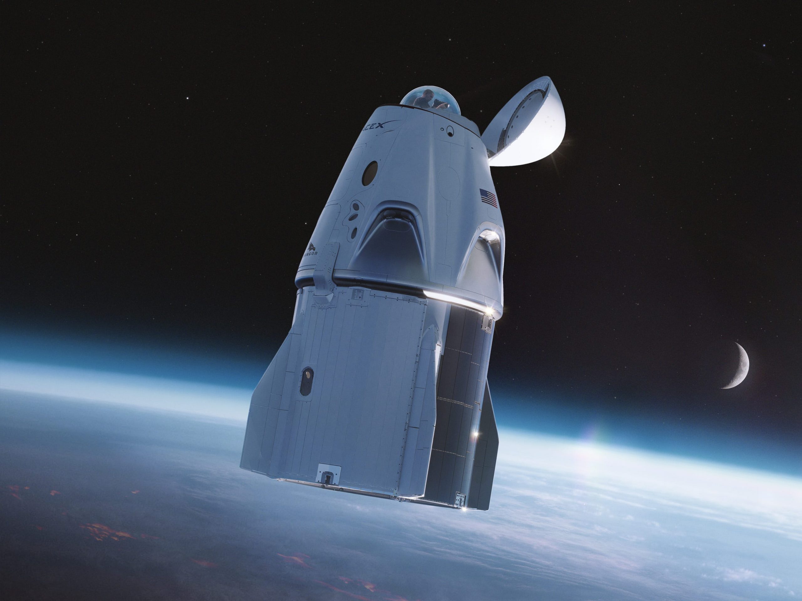SpaceX Crew Dragon-ruimteschip met een glazen koepel of "cupola" op de neus - met daarin het toilet. Afbeelding: SpaceX