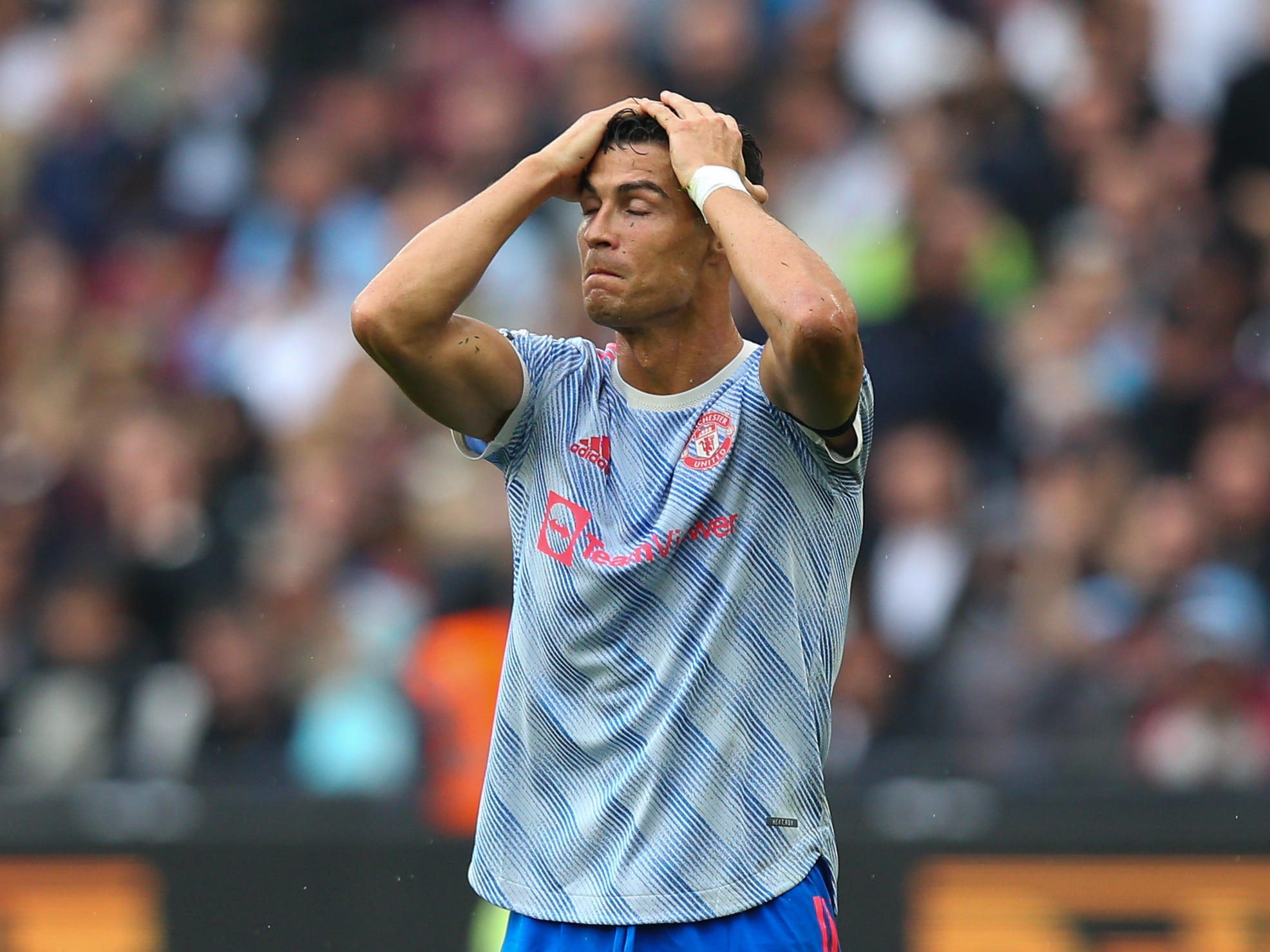 Cristiano Ronaldo of Manchester United reacts during the Premier League match between West Ham United and Manchester United