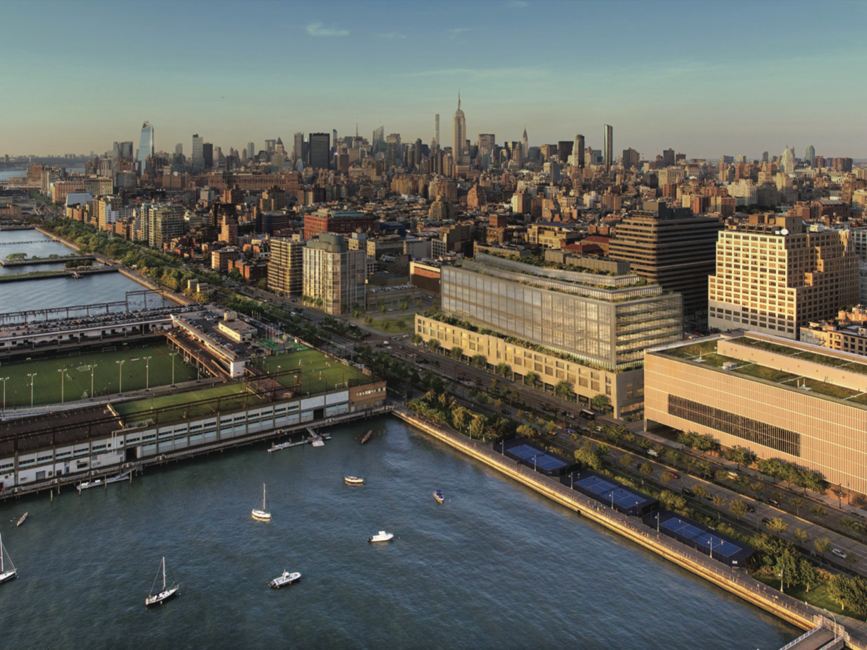 Aerial view of Google's office building on the Hudson River in New York City