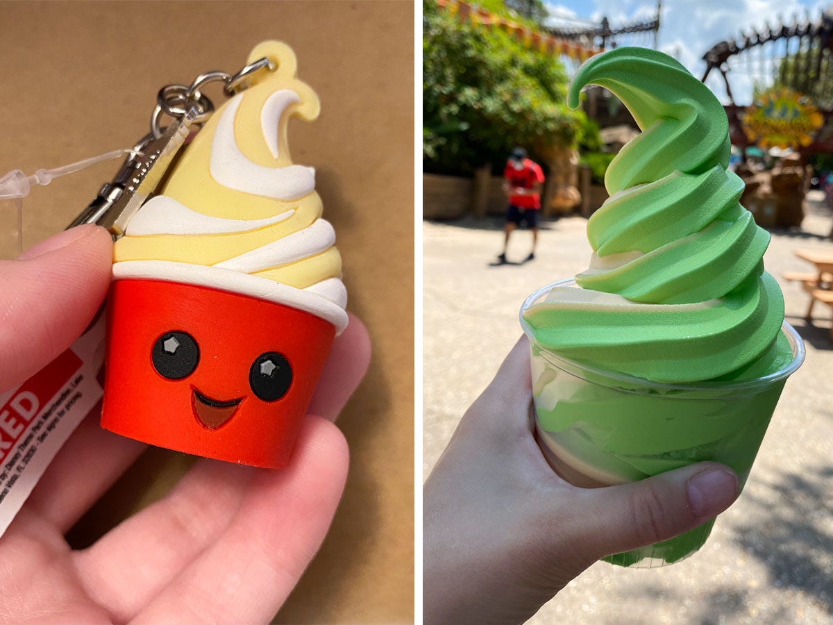 A Dole Whip keychain, and a Dole Whip dessert.