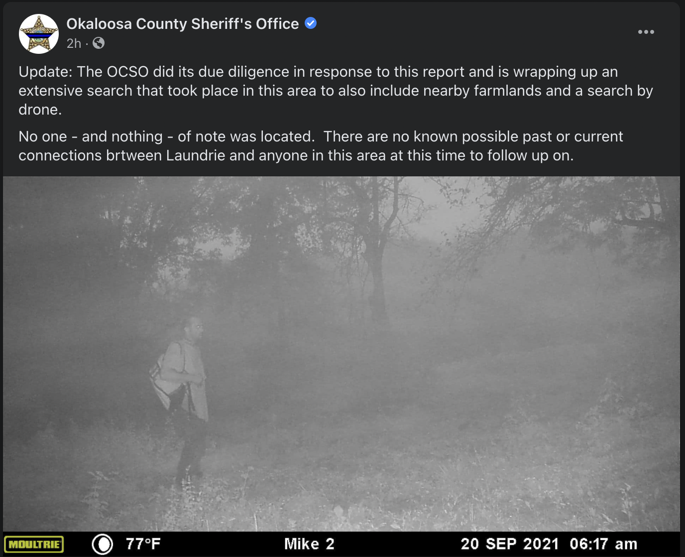 A Facebook post from Okaloosa County sheriffs of an image of a potential Brian Laundrie sighting in northern Florida.