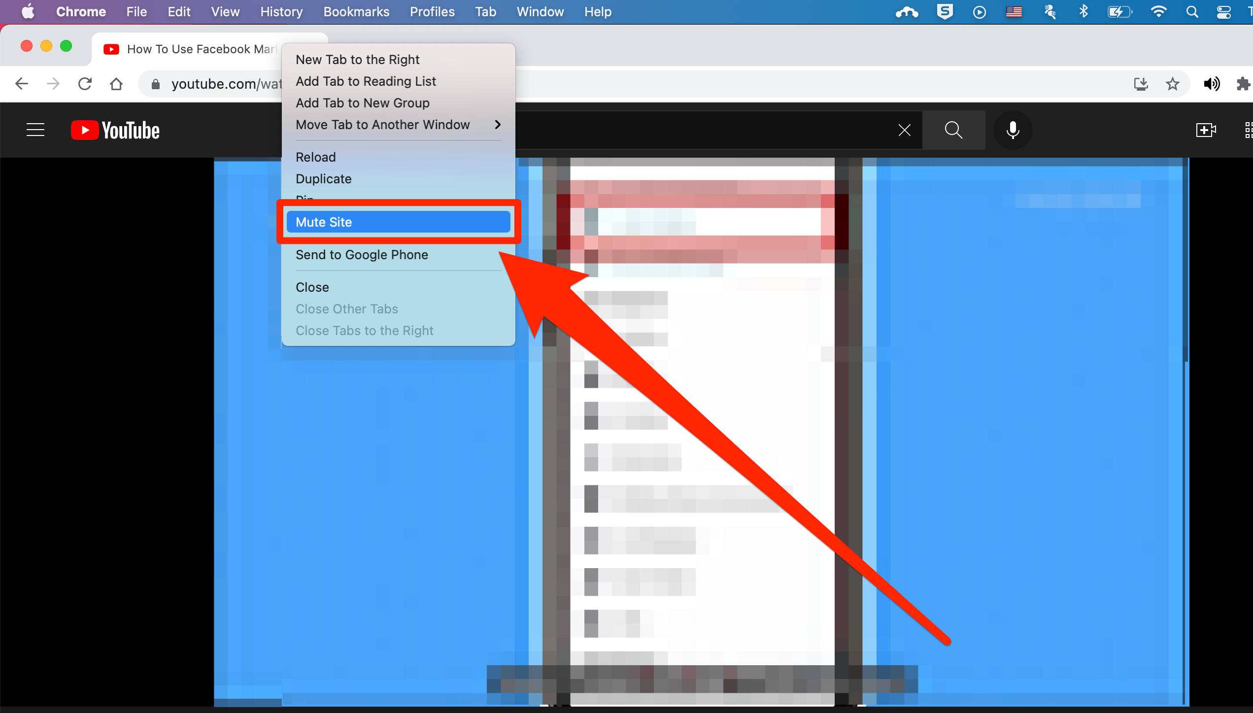 A YouTube video opened in Google Chrome. The user has right-clicked the tab to reveal the Mute Site option.