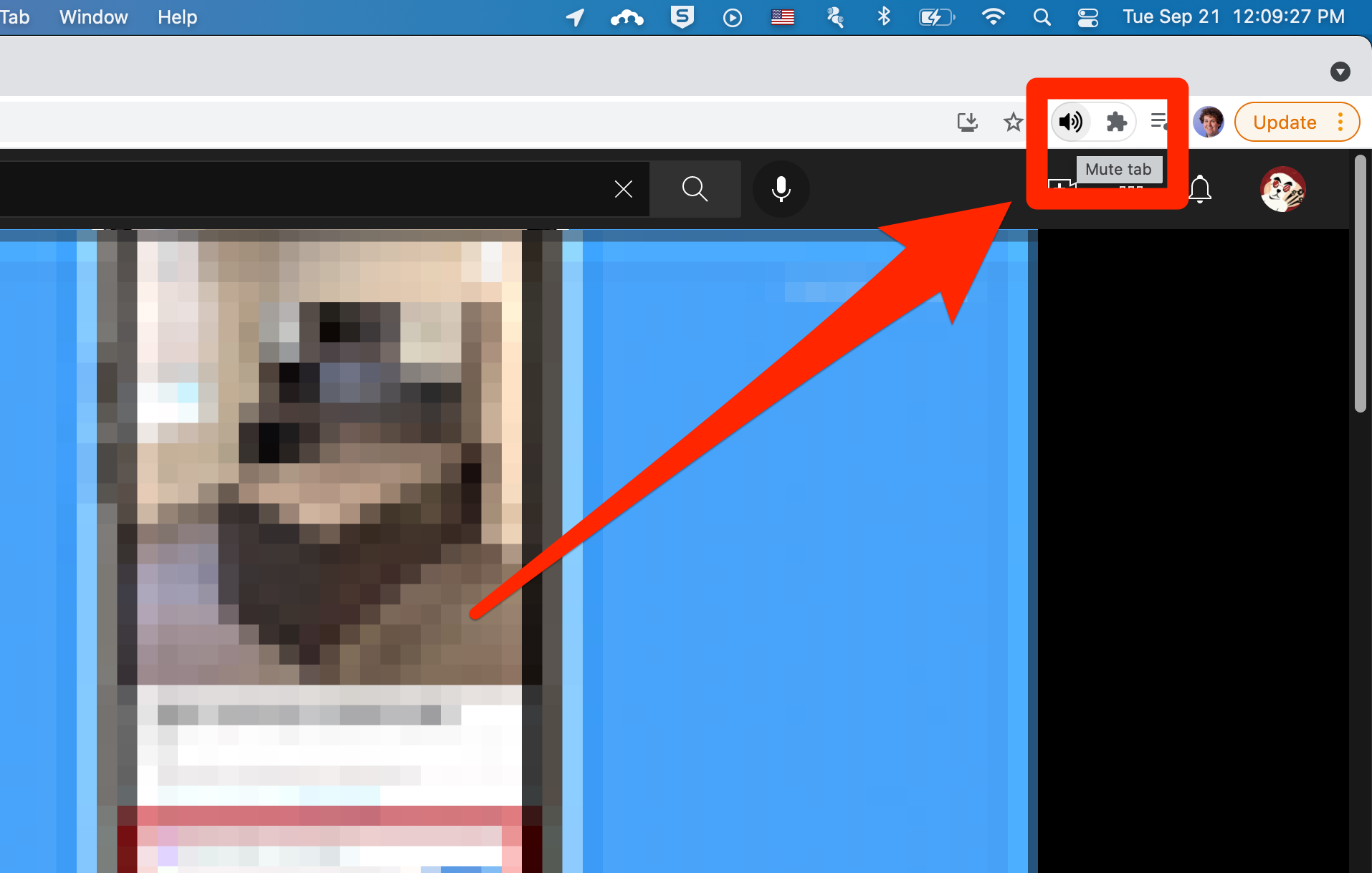 A YouTube video in Google Chrome. The Tab Muter extension's black speaker icon is highlighted in the top-right corner.