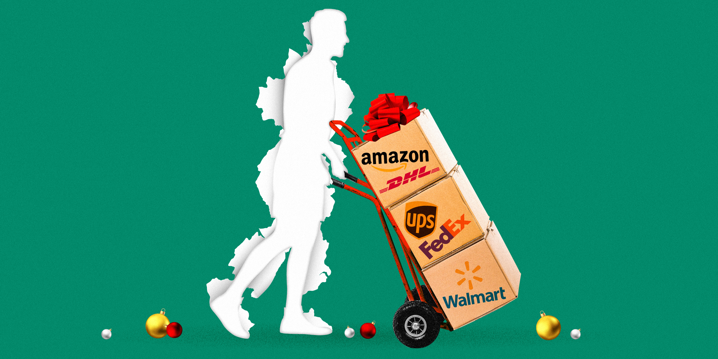 A hole in shape of a delivery man with a dolly full of boxes with the Amazon, DHL, UPS, FedEx, and Walmart logos scattered on them with a big red ribbon on top. Christmas ornaments are scattered around on the ground on a green background.