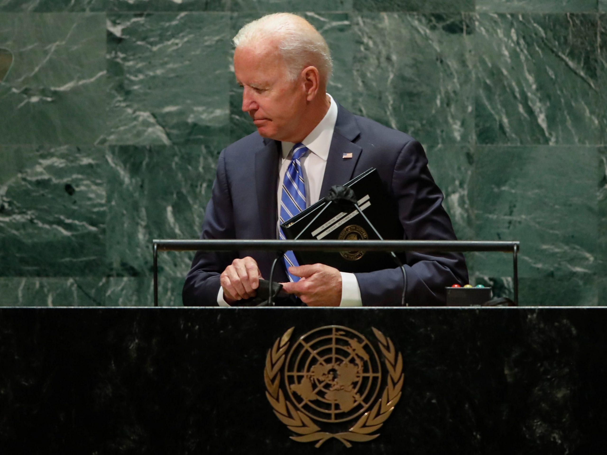 President Joe Biden concludes his address to the 76th Session of the UN General Assembly on September 21, 2021 in New York City.