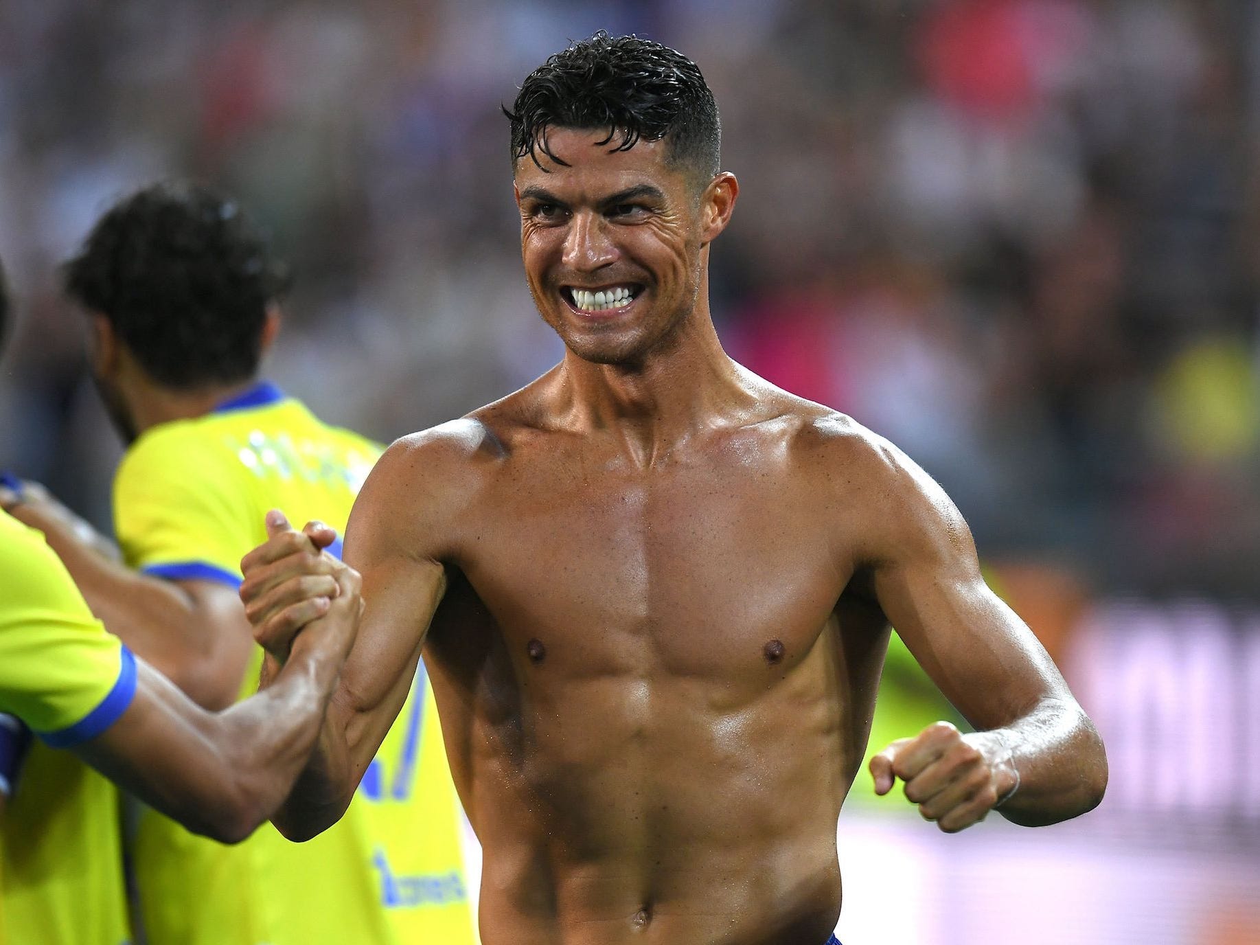 Cristiano Ronaldo of Juventus celebrates after scoring his team's third goal before the referee disallowed it during the Serie A match between Udinese Calcio v Juventus