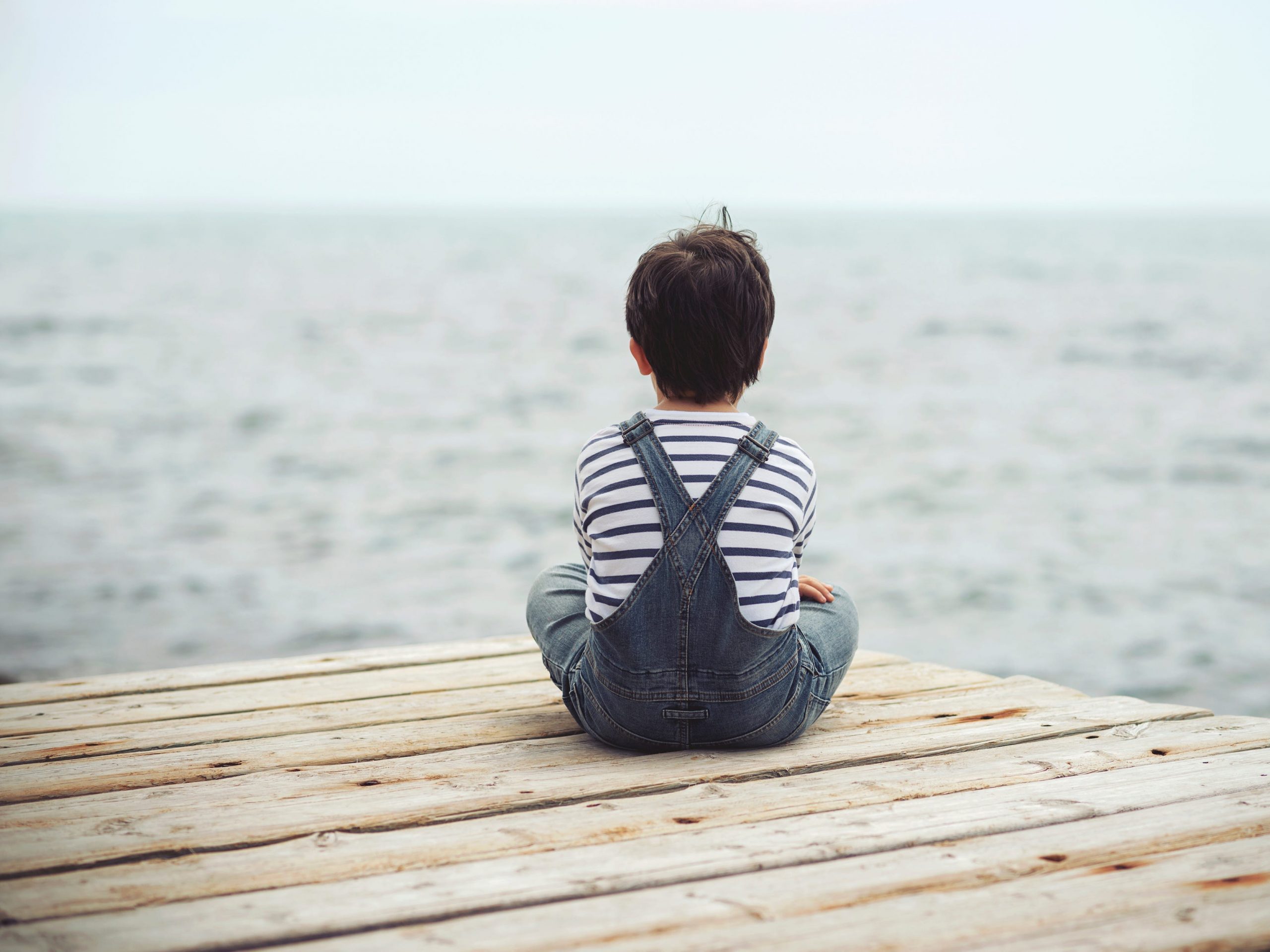 Rear View Of Boy Sitting On Pier Against Sea