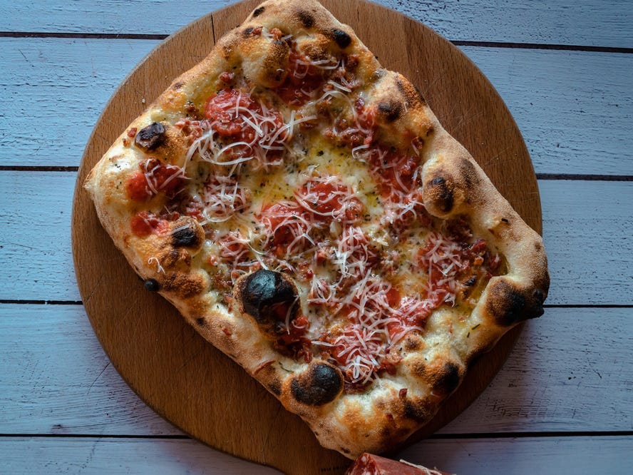 Upward shot of a Grandma pizza.