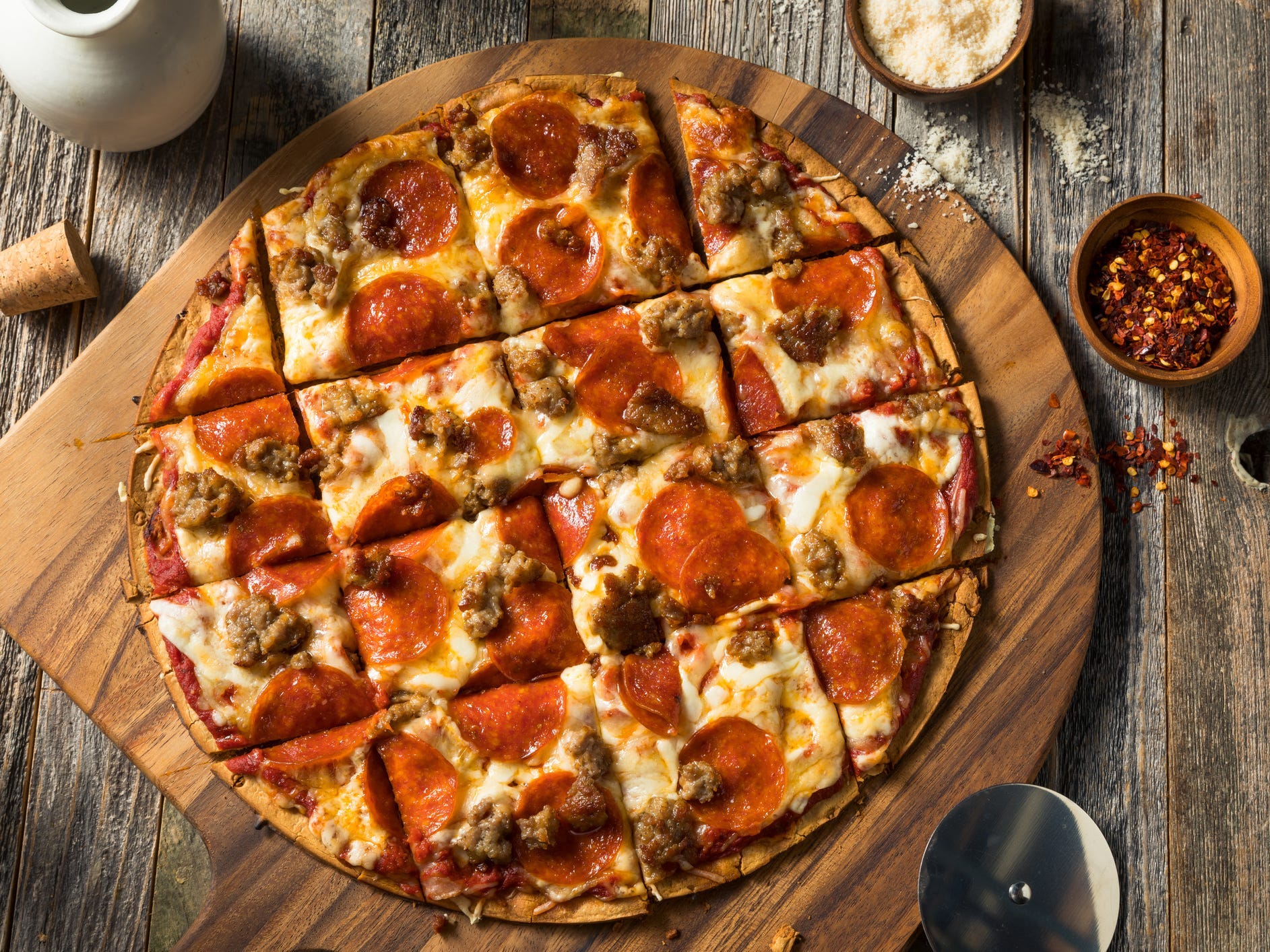 Overhead shot of a St. Louis-style pizza.