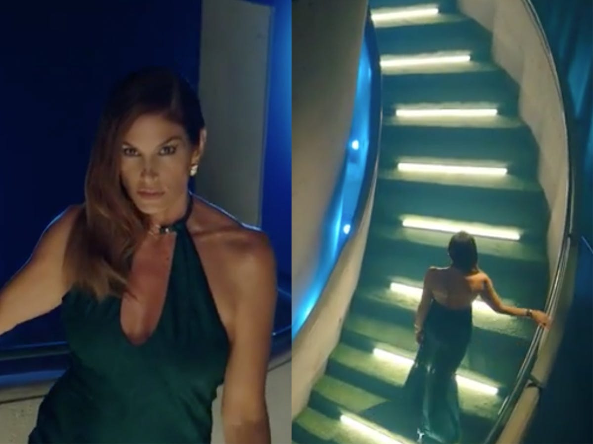 A side-by-side of Cindy Crawford looking at a camera and walking up a spiral staircase.