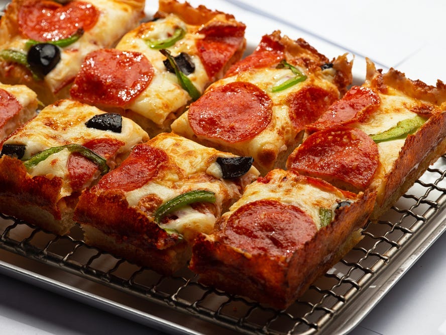 Slice Detroit-style pizza.