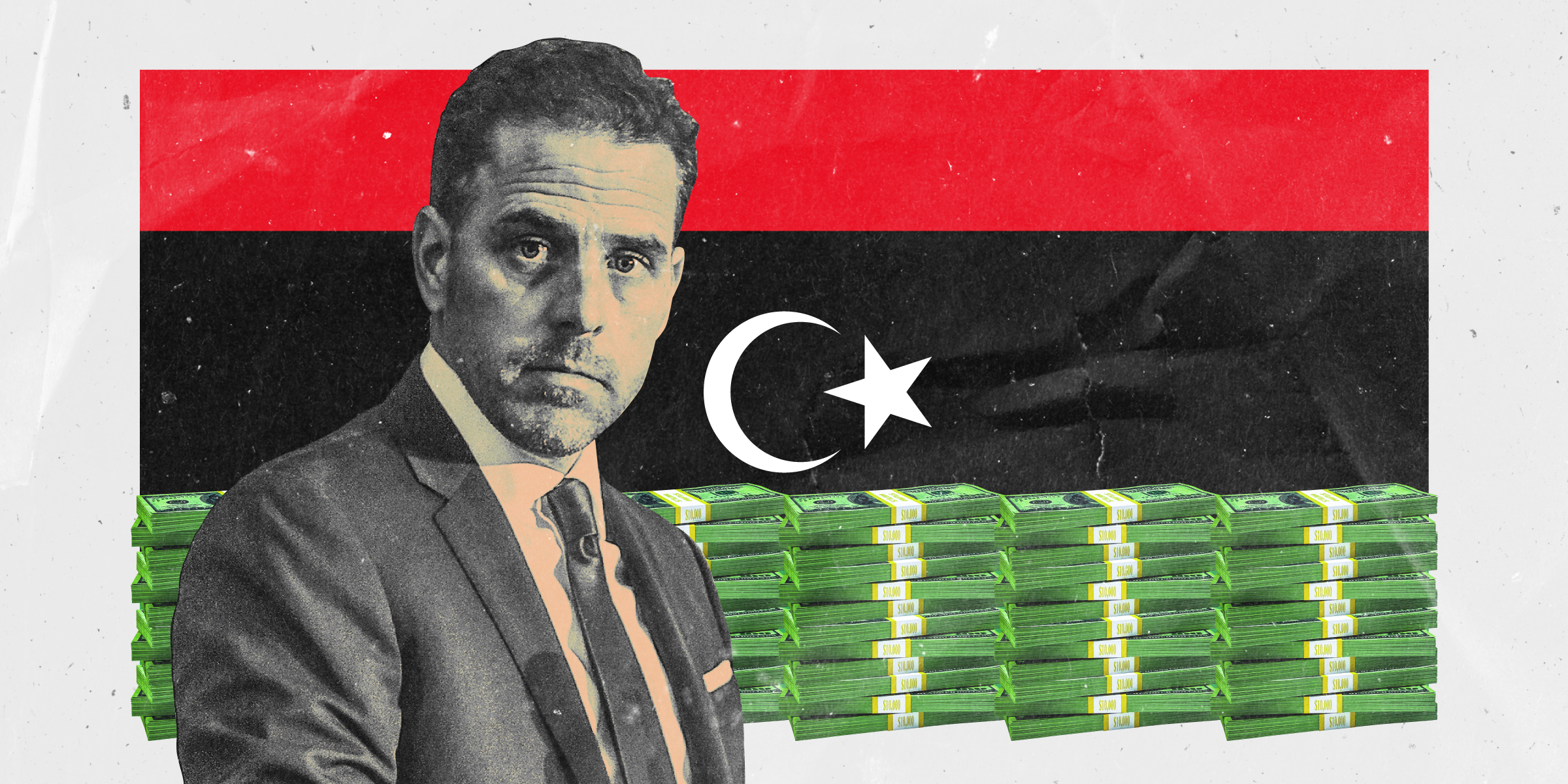 Hunter Biden with the flag of Libya behind him. Stacks of money fill the green portion of the Libyan flag. The background color is gray.