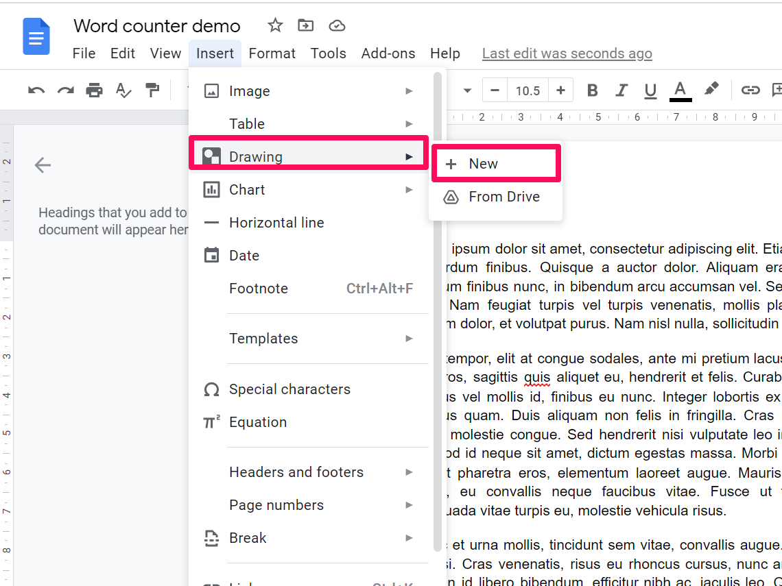 Screenshot of Google Docs with toolbar "Insert" dropdown menu open, with a box around "Drawing" and around the "New" option under "Drawing."