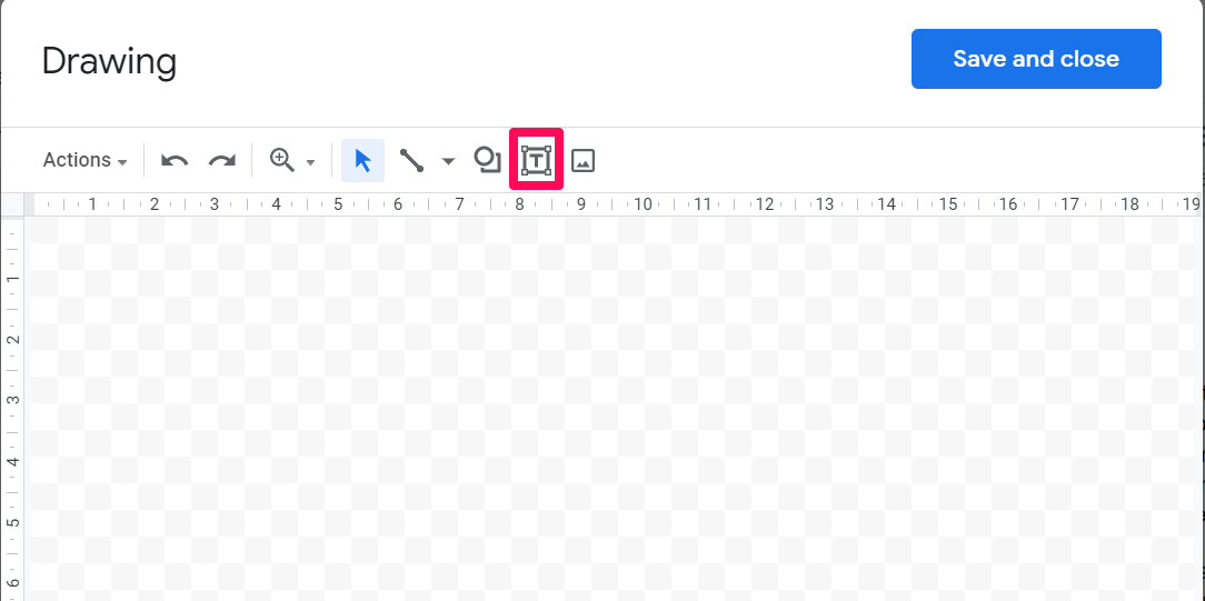 A screenshot of the Google Docs New Drawing window with a box around the text box icon, which is a capital T with a box around it.